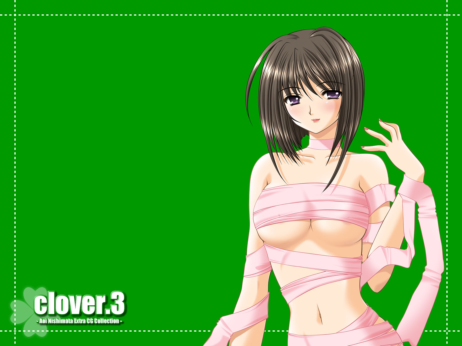 nishimata aoi, clover (game cg), highres, 1girl, areola slip, artist name, black hair, blush, breasts, clover, collarbone, copyright name, female focus, green background, lipstick, looking at viewer, makeup, nail polish, naked ribbon, navel, parted lips, pink ribbon, purple eyes, red nails, ribbon, short hair, simple background, smile, solo, underboob