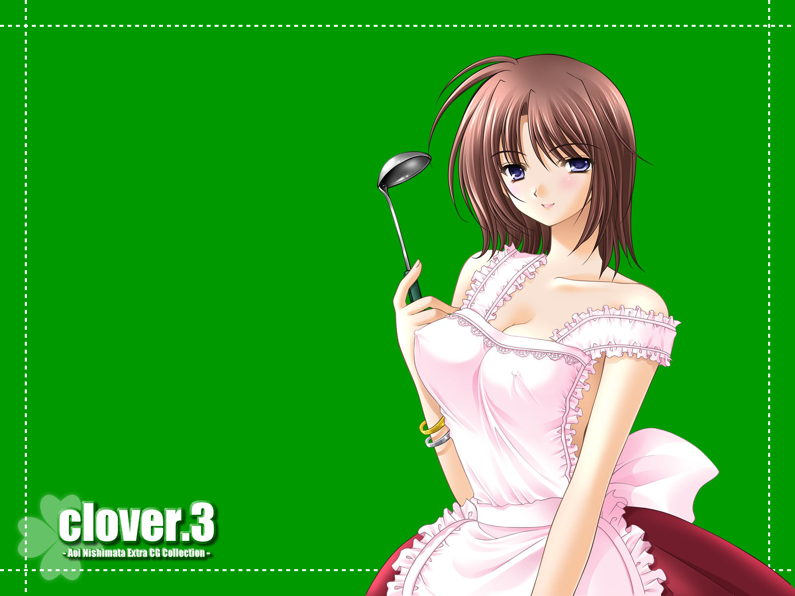 nishimata aoi, clover (game cg), highres, 1girl, apron, artist name, bare arms, blue eyes, blush, bracelet, breasts, brown hair, cleavage, clover, collarbone, copyright name, covered erect nipples, female focus, frilled apron, frills, green background, holding, jewelry, ladle, looking at viewer, no bra, short hair, simple background, skirt, smile, solo, strap slip