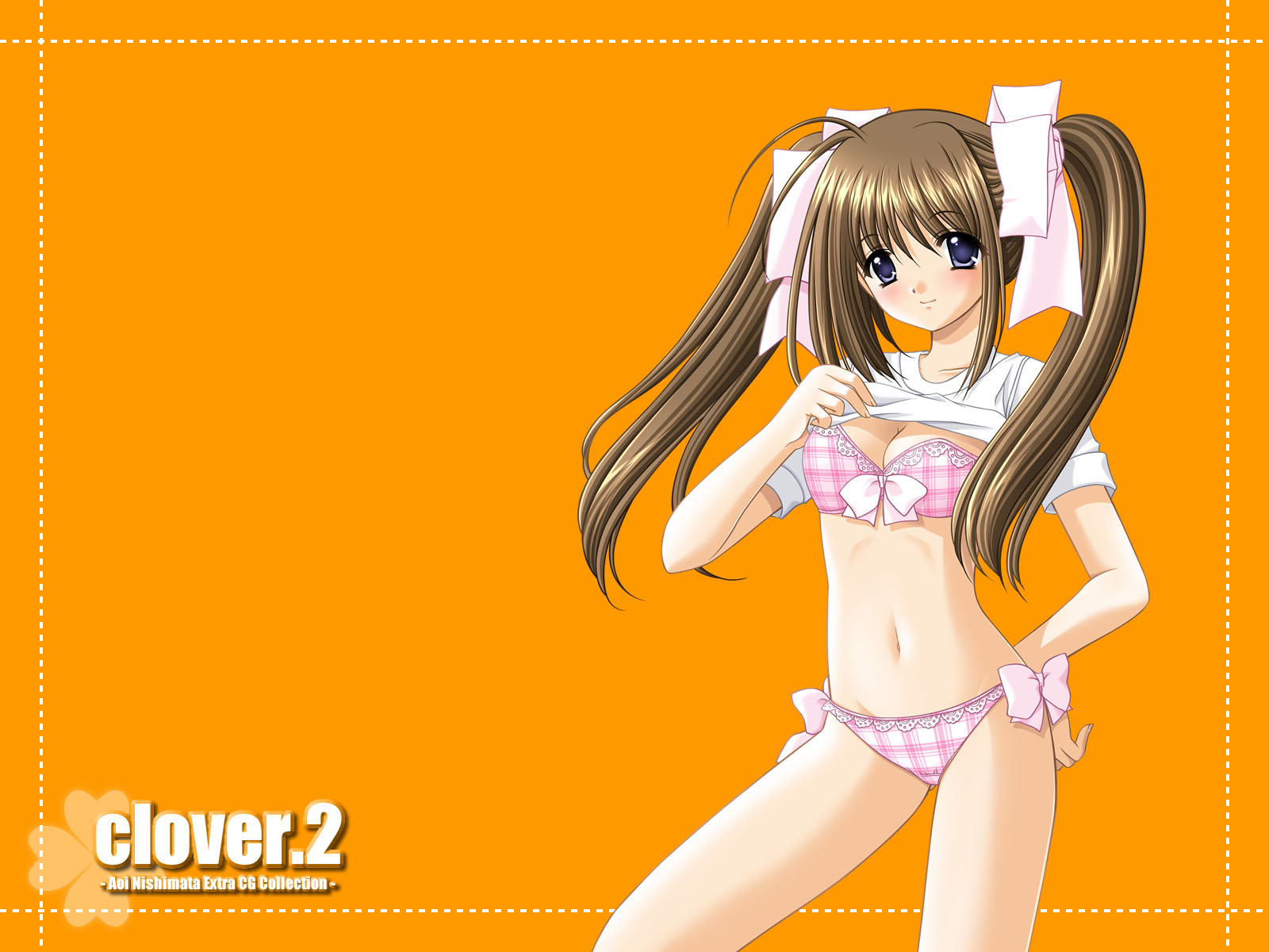 nishimata aoi, clover (game cg), highres, 1girl, blue eyes, blush, bow, bow bra, bow panties, bra, brown hair, clothes lift, clover, female focus, hair ribbon, lingerie, long hair, navel, no pants, orange background, panties, pink panties, print bra, print panties, ribbon, shirt, shirt lift, solo, twintails, underwear