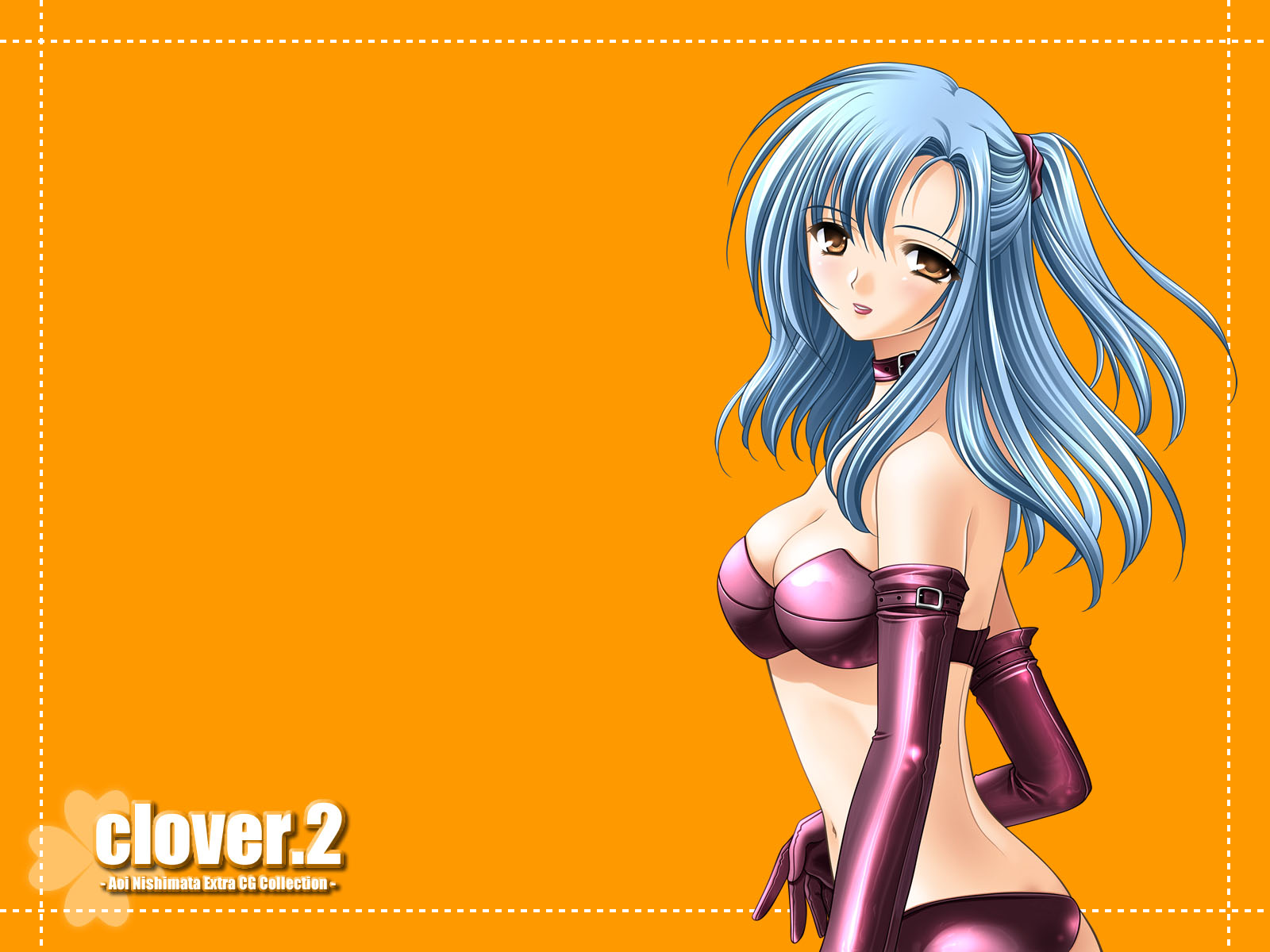 nishimata aoi, clover (game cg), highres, 1girl, :d, bikini, blue hair, breasts, brown eyes, cleavage, clover, copyright name, female focus, long hair, looking at viewer, navel, open mouth, orange background, parted lips, pink bikini, ponytail, simple background, smile, solo, stomach, swimsuit, teeth, upper body