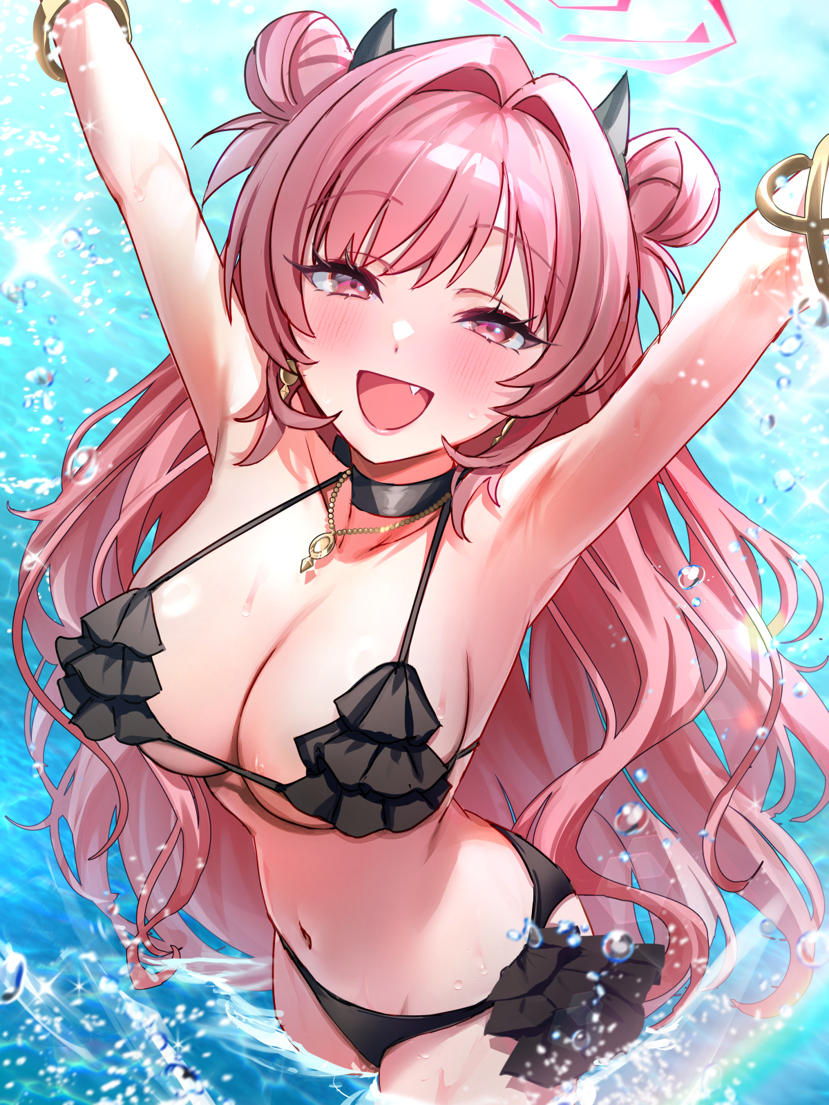 8n0 g, kirara (blue archive), blue archive, highres, 1girl, alternate costume, armpits, arms up, bikini, black bikini, black choker, black hair, black horns, blush, breasts, choker, double bun, fake horns, fang, frilled bikini, frills, hair bun, halo, horn hairband, horns, large breasts, long hair, looking at viewer, navel, open mouth, pink eyes, pink hair, pink halo, solo, standing, stomach, swimsuit, very long hair, wading