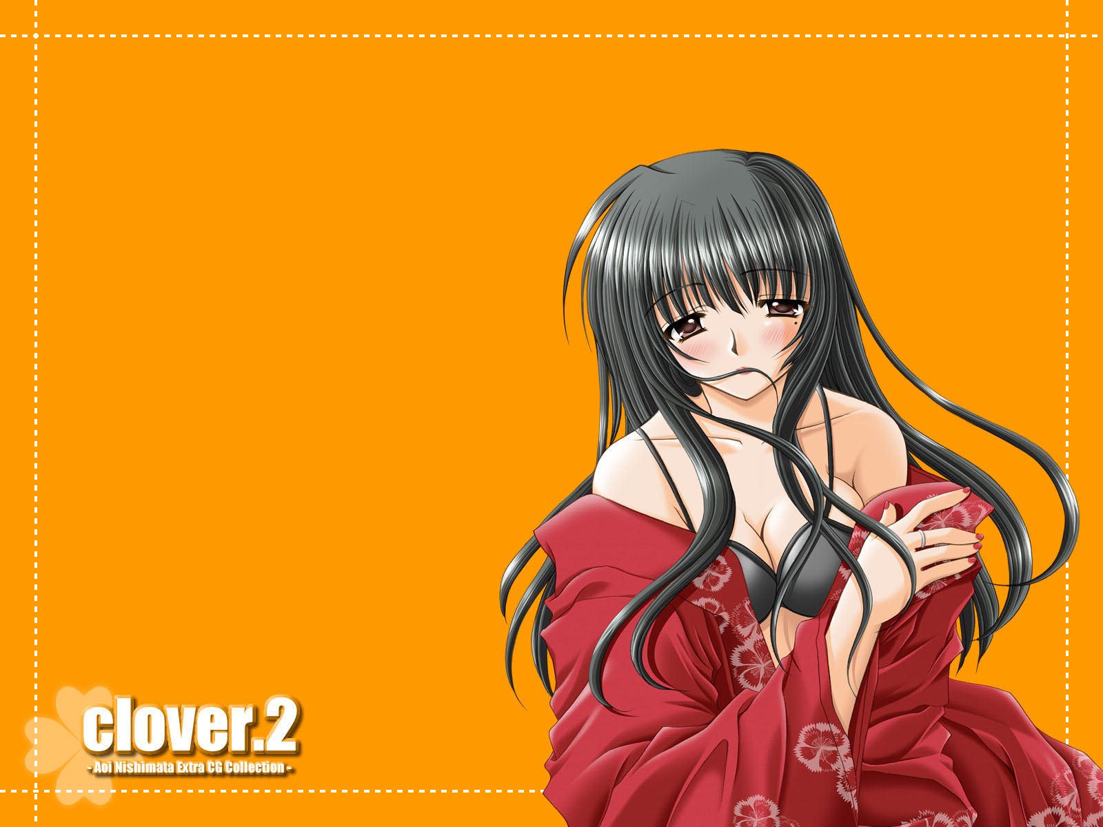 nishimata aoi, clover (game cg), highres, 1girl, artist name, black bra, black hair, blush, bra, breasts, brown eyes, cleavage, clover, collarbone, copyright name, female focus, floral print, hair in own mouth, half-closed eyes, japanese clothes, jewelry, kimono, lipstick, long hair, looking at viewer, makeup, mole, mole under eye, nail polish, off shoulder, open clothes, open kimono, orange background, red nails, ring, simple background, solo, underwear, upper body