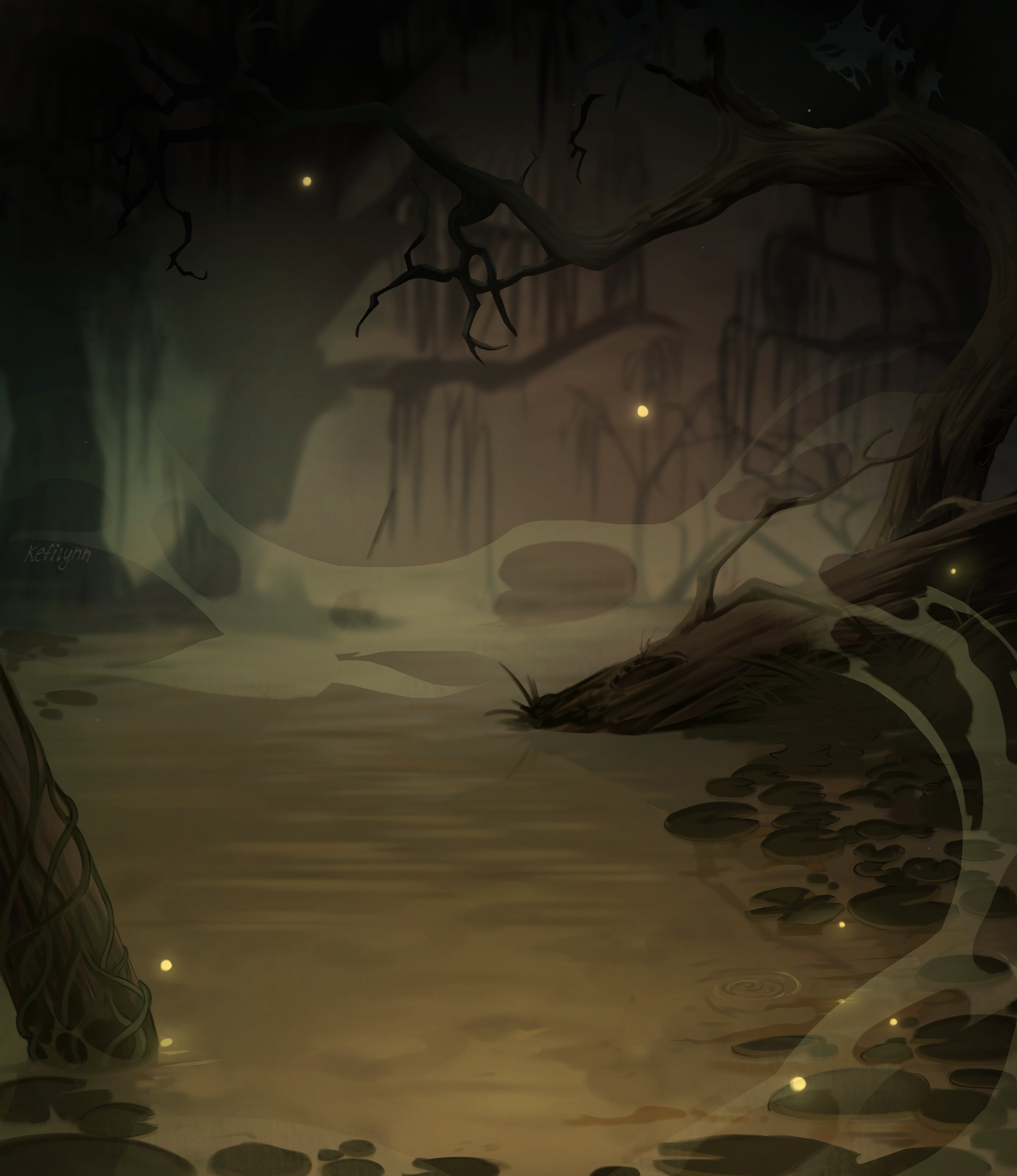 boyfriend to death, absurdres, commentary, english commentary, highres, dark, fog, forest, kefilynn, landscape, light particles, lily pad, nature, no humans, outdoors, scenery, shore, tree, water, wetland, willow