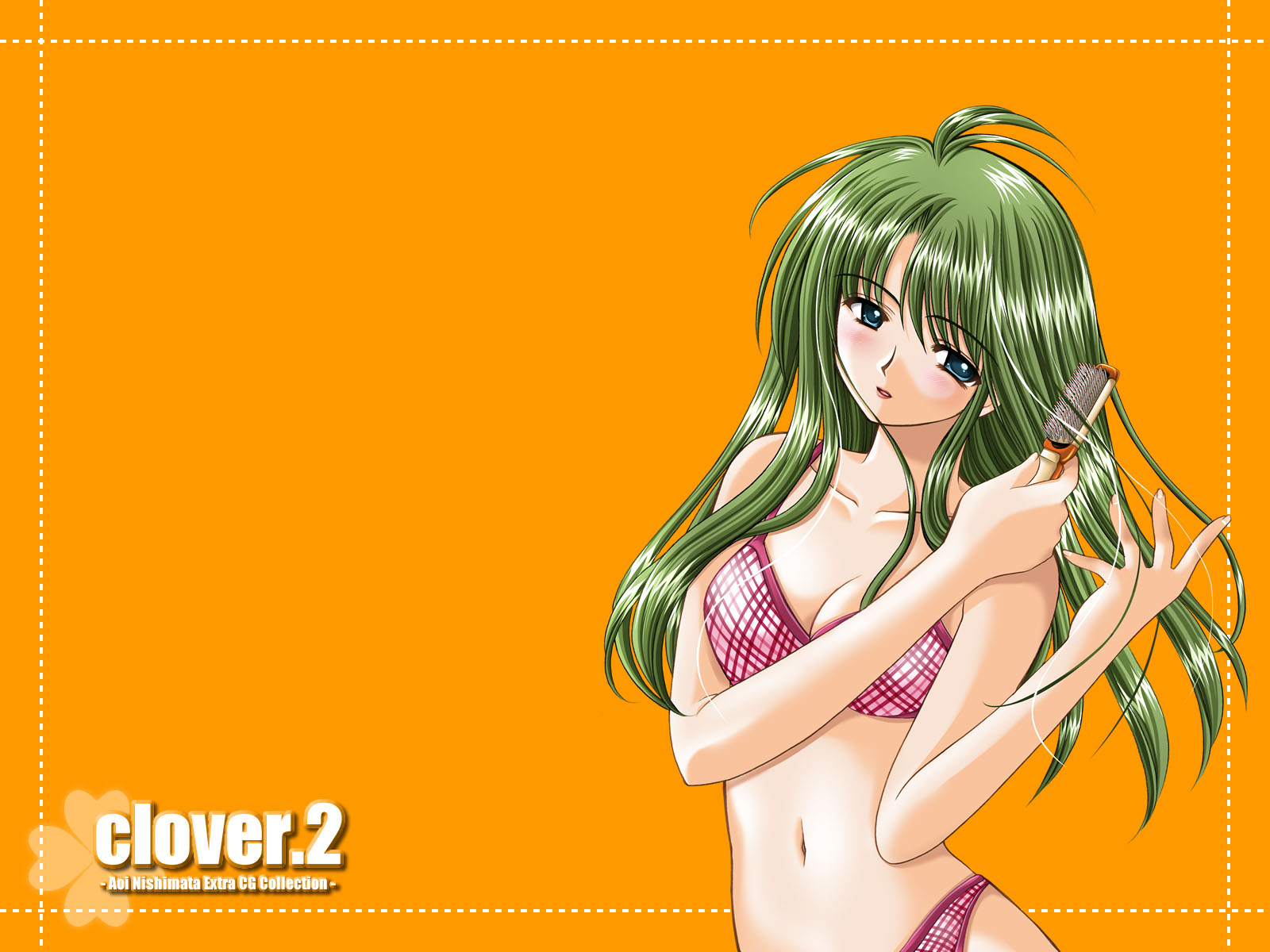 nishimata aoi, clover (game cg), highres, 1girl, blue eyes, bra, breasts, brushing hair, brushing own hair, cleavage, clover, female focus, green hair, long hair, navel, orange background, panties, plaid bra, plaid clothes, plaid panties, solo, underwear