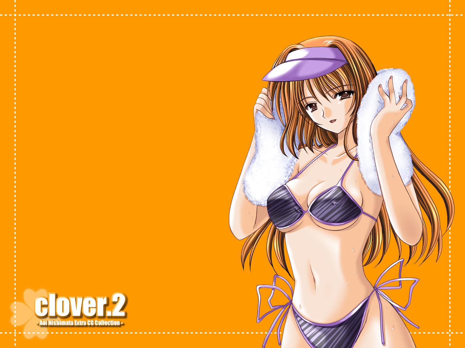 nishimata aoi, clover (game cg), highres, 1girl, bikini, breasts, brown eyes, clover, covered erect nipples, female focus, medium breasts, orange background, orange hair, side-tie bikini bottom, solo, swimsuit