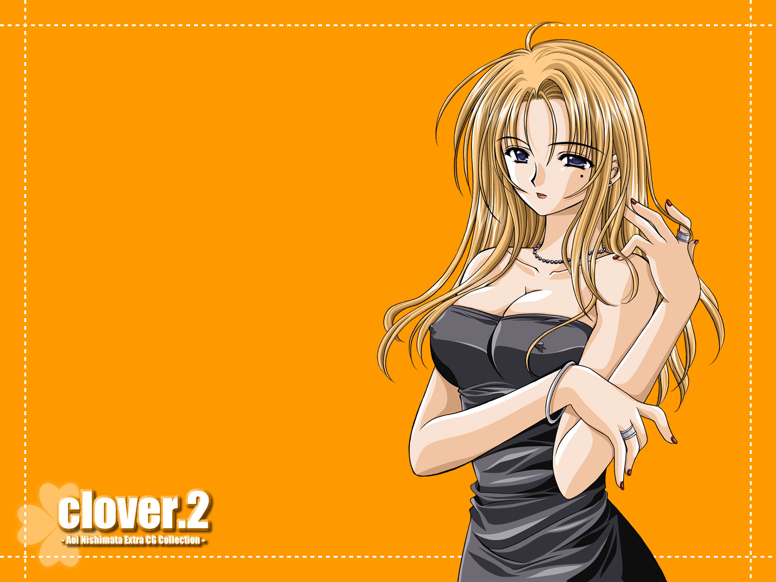 nishimata aoi, clover (game cg), highres, 1girl, ahoge, artist name, bare arms, black dress, blonde hair, blue eyes, bracelet, breasts, cleavage, clover, collarbone, copyright name, covered erect nipples, dress, earrings, female focus, jewelry, large breasts, lipstick, long hair, looking at viewer, makeup, mole, mole under eye, nail polish, necklace, orange background, parted lips, red lips, red nails, ring, simple background, solo, strapless, strapless dress, stud earrings