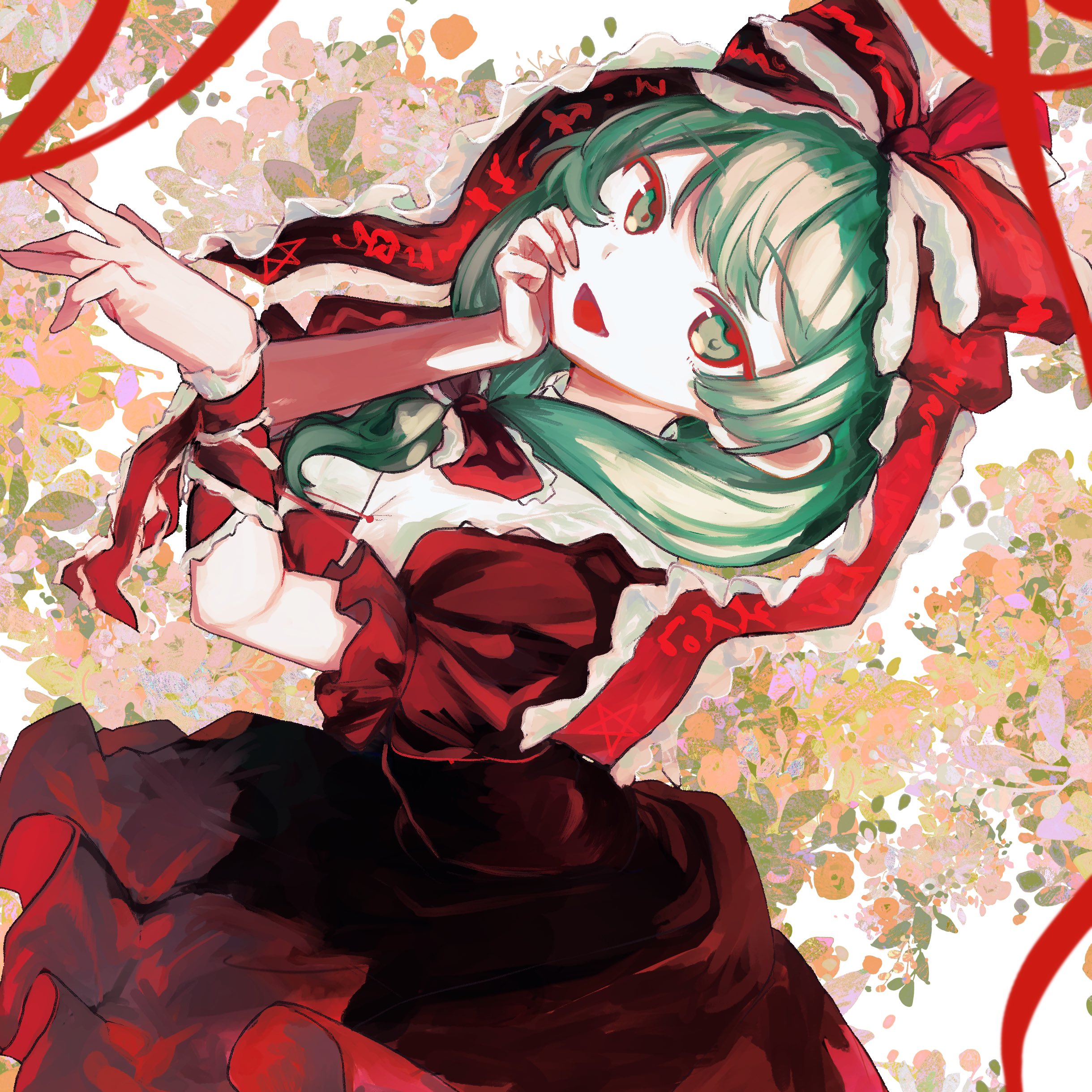 ika (ikachan 334), kagiyama hina, touhou, absurdres, commission, highres, skeb commission, 1girl, arm ribbon, bow, dress, front ponytail, green eyes, green hair, looking at viewer, red bow, red dress, red ribbon, ribbon, smile, solo