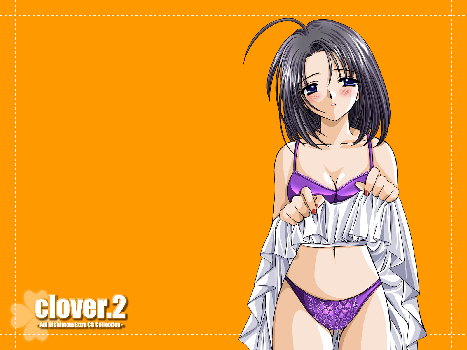 nishimata aoi, clover (game cg), highres, 1girl, ahoge, artist name, black hair, blue eyes, blush, bra, breasts, cleavage, clothes lift, clover, collarbone, copyright name, cowboy shot, female focus, lace, lace-trimmed bra, lace trim, lifting own clothes, lingerie, lipstick, makeup, medium breasts, nail polish, navel, no shirt, orange background, panties, parted lips, purple bra, purple panties, red lips, red nails, short hair, simple background, skirt, skirt lift, solo, underwear, white skirt