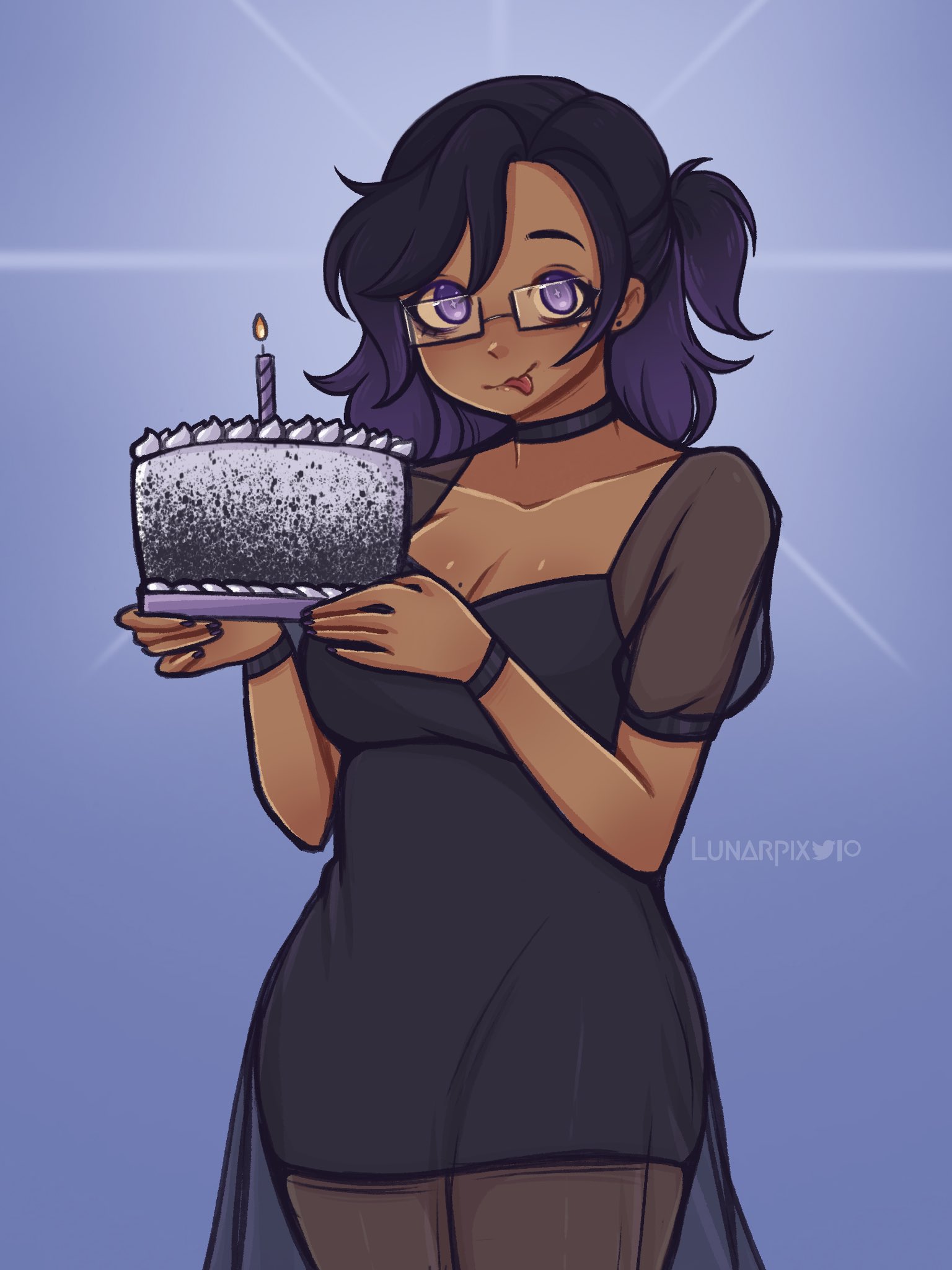 lunarpix (artist), commentary, english commentary, highres, 1girl, artist name, birthday cake, breasts, cake, candle, closed mouth, collarbone, eyelashes, fire, food, holding, holding cake, holding food, looking at viewer, luna (lunarpix), purple eyes, rectangular eyewear, solo, tongue, tongue out