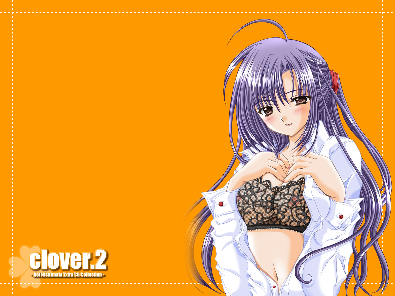 nishimata aoi, clover (game cg), highres, 1girl, ahoge, artist name, black bra, blush, bra, breast suppress, breasts, brown eyes, clover, copyright name, dress shirt, female focus, head tilt, lace, lace bra, lipstick, long hair, long sleeves, makeup, nail polish, navel, open clothes, open shirt, orange background, pink nails, purple eyes, see-through bra, see-through clothes, shirt, simple background, smile, solo, unbuttoned, underwear, upper body, white shirt