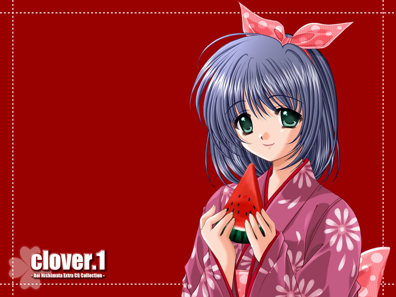 nishimata aoi, clover (game cg), highres, 1girl, aqua eyes, artist name, blue hair, clover, copyright name, female focus, floral print, food, fruit, hair ribbon, holding, holding food, holding fruit, holding watermelon, japanese clothes, kimono, long sleeves, looking at viewer, pink ribbon, polka dot, polka dot ribbon, red background, ribbon, short hair, simple background, smile, solo, upper body, watermelon