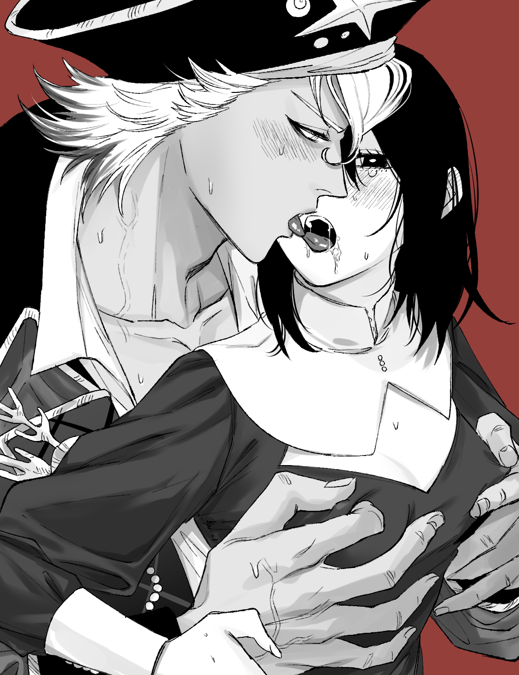 kmkm puddiiiing, jack howl, yuu (twisted wonderland), twisted wonderland, commentary request, highres, 1boy, 1girl, blush, breasts, center opening, coat, dress, french kiss, grabbing another's breast, greyscale with colored background, groping, hat, hetero, juliet sleeves, kiss, long sleeves, looking at another, nun, pirate hat, puffy sleeves, red background, saliva, short hair, simple background, small breasts, sweat, tongue, tongue out, veins