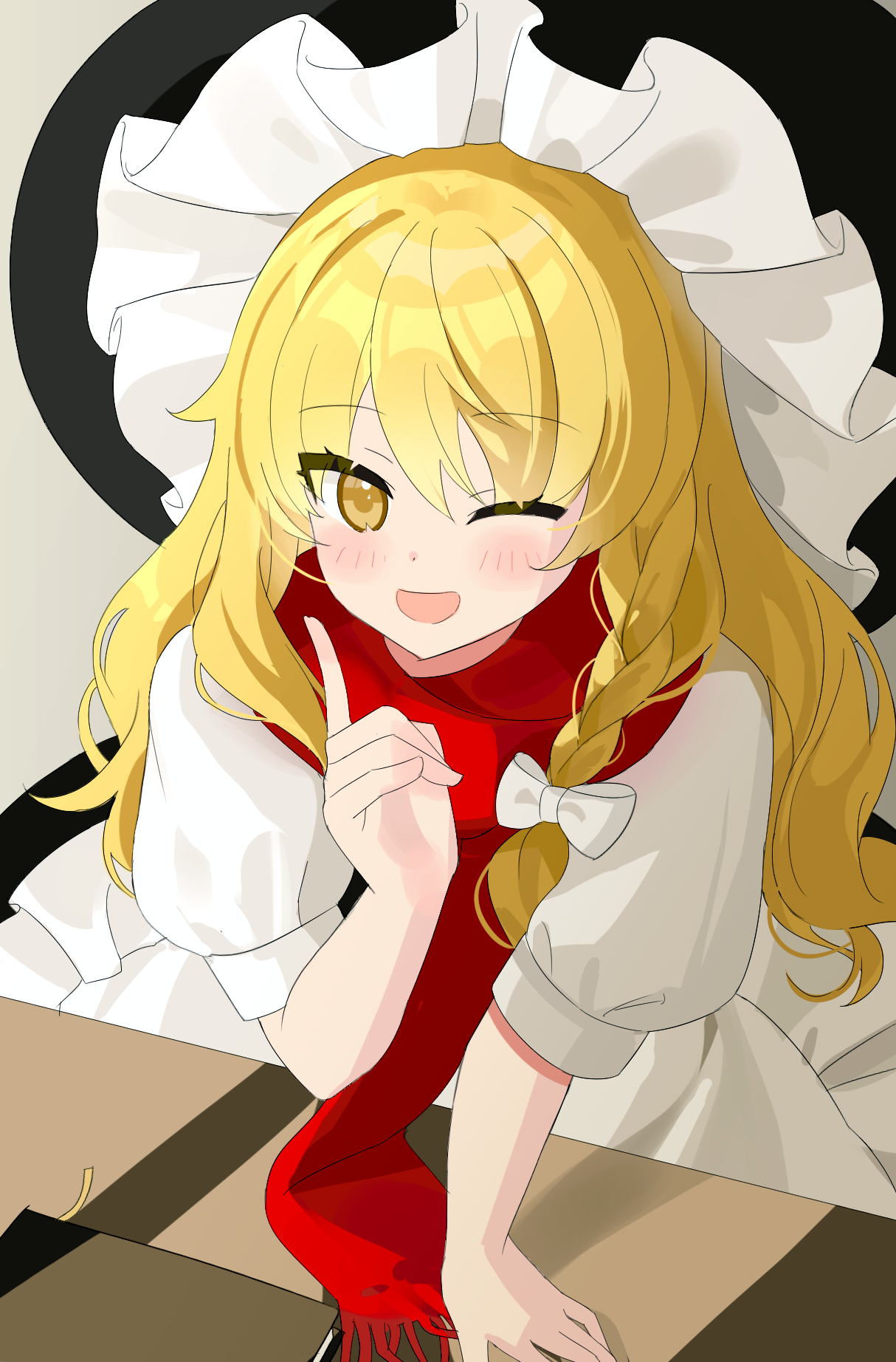 chimi (s2yuyukos2), kirisame marisa, touhou, highres, 1girl, black hat, blonde hair, braid, hat, index finger raised, light blush, long hair, looking at viewer, one eye closed, red scarf, scarf, side braid, smile, solo, witch hat, yellow eyes