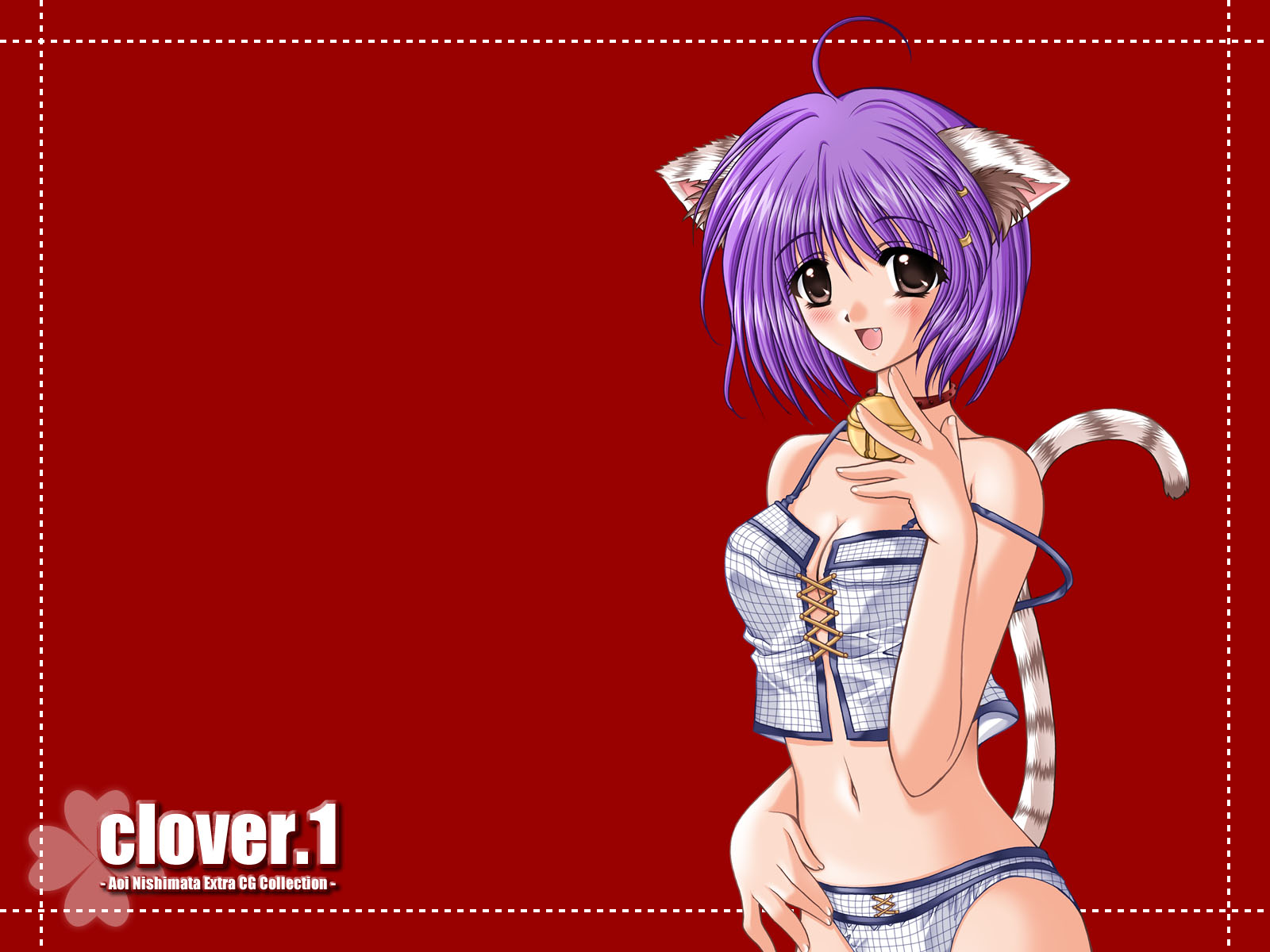 nishimata aoi, clover (game cg), highres, 1girl, ahoge, animal ears, bell, blush, breasts, brown eyes, camisole, cat ears, cat girl, cat tail, cleavage, clover, collar, collarbone, fang, female focus, hair tubes, looking at viewer, medium breasts, navel, neck bell, open mouth, panties, plaid clothes, plaid panties, purple hair, red background, short hair, smile, solo, standing, tail, underwear, underwear only, white camisole, white panties