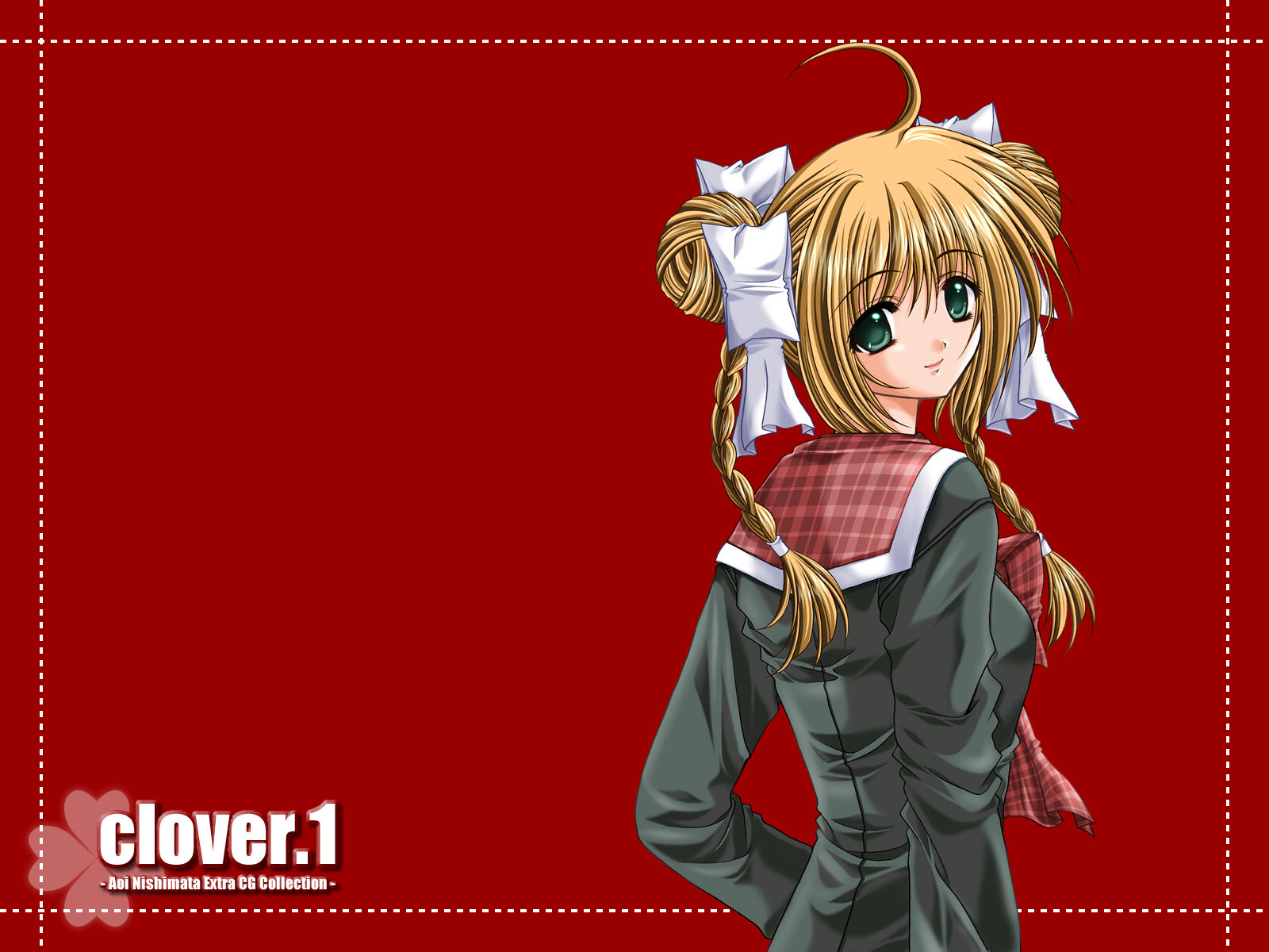 nishimata aoi, clover (game cg), highres, clover, red background, school uniform, serafuku, solo