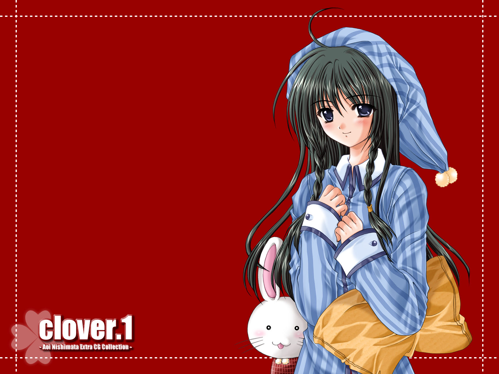 nishimata aoi, clover (game cg), highres, 1girl, ahoge, artist name, black hair, blue eyes, braid, clover, copyright name, female focus, hands on own chest, hat, long hair, long sleeves, looking at viewer, nightcap, pajamas, pillow, pom pom (clothes), red background, side braid, simple background, sleeves past wrists, smile, solo, striped clothes, striped pajamas, stuffed animal, stuffed rabbit, stuffed toy, twin braids, vertical stripes