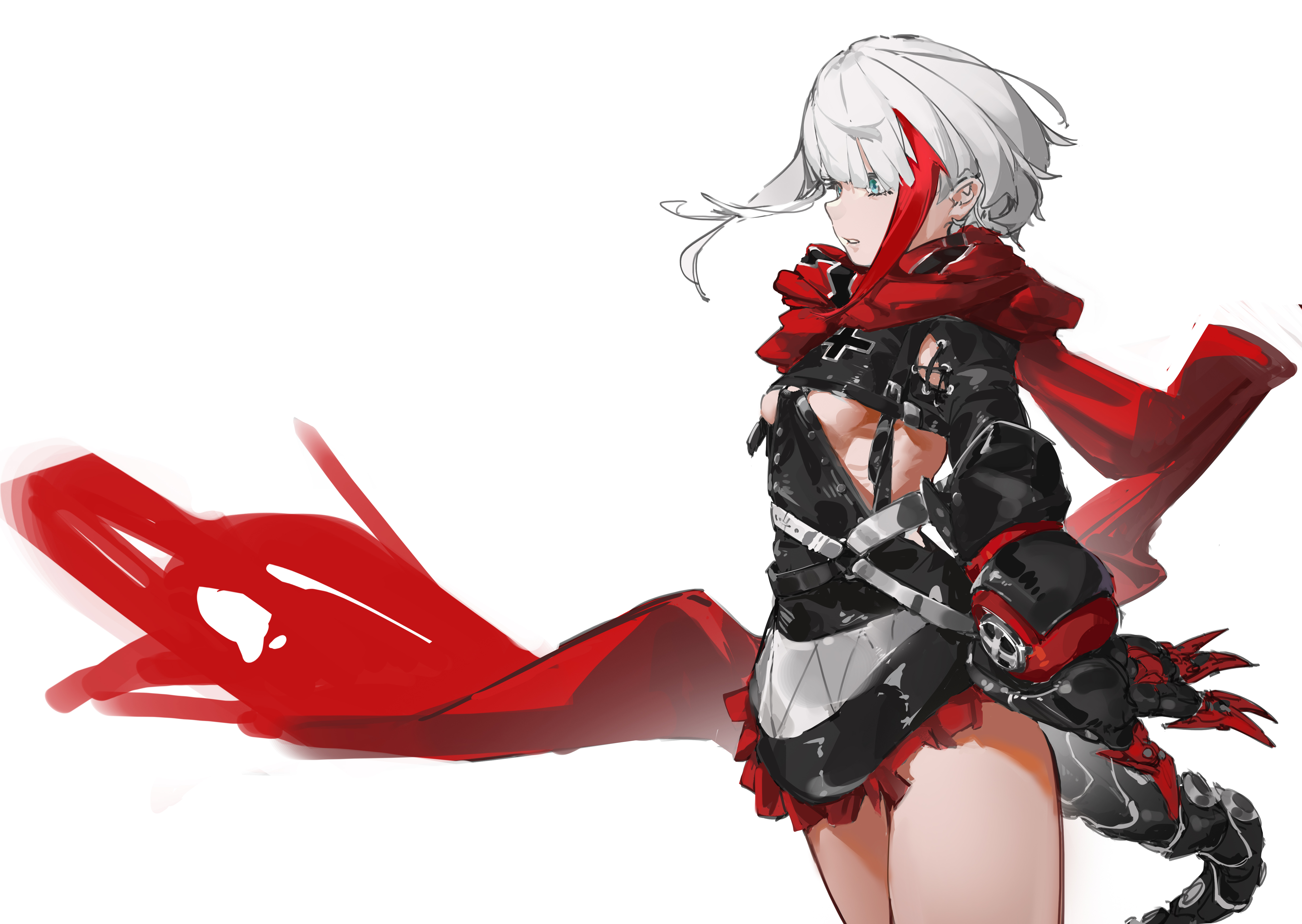 tinamou, admiral graf spee (azur lane), azur lane, absurdres, highres, 1girl, blue eyes, breasts, claws, from side, multicolored hair, red hair, red scarf, red streaks, scarf, short hair, simple background, small breasts, solo, underboob, white background, white hair