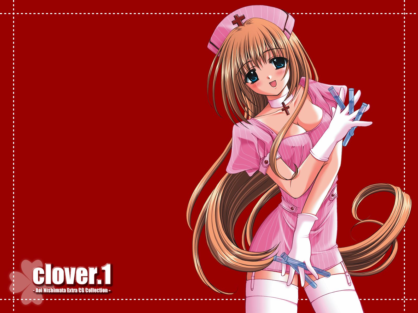 nishimata aoi, clover (game cg), striped, highres, 1girl, between fingers, blue eyes, blush, breasts, brown hair, choker, cleavage, clover, covered erect nipples, cross, dress, female focus, garter belt, garter straps, gloves, hat, head tilt, holding, latin cross, long hair, nurse, nurse cap, red background, simple background, smile, solo, test tube, thighhighs, very long hair, white gloves, white thighhighs, zettai ryouiki