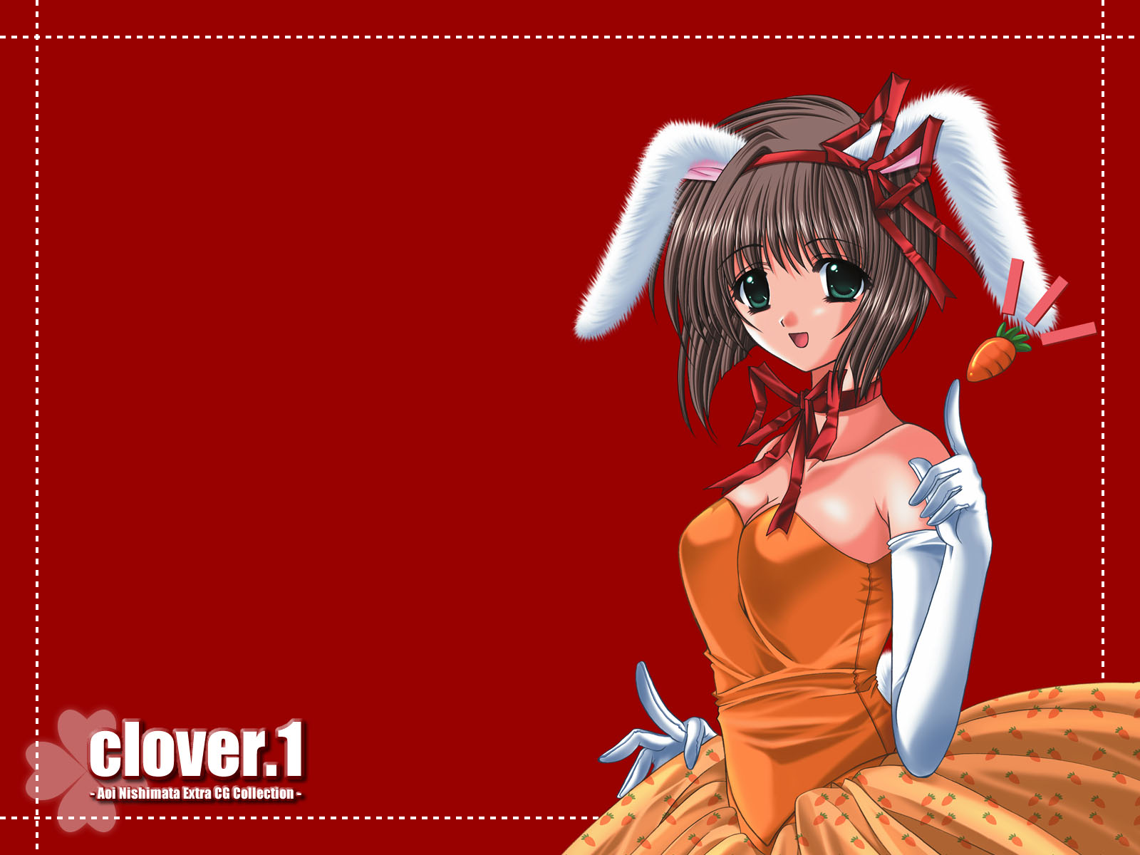 nishimata aoi, clover (game cg), highres, 1girl, :d, animal ears, artist name, bare shoulders, breasts, brown hair, carrot, choker, cleavage, clover, collarbone, copyright name, dress, elbow gloves, female focus, food print, from side, gloves, green eyes, hair ribbon, index finger raised, medium breasts, open mouth, orange dress, print dress, rabbit ears, red background, red ribbon, ribbon, ribbon choker, short hair, simple background, smile, solo, strapless, strapless dress, tareme, white gloves