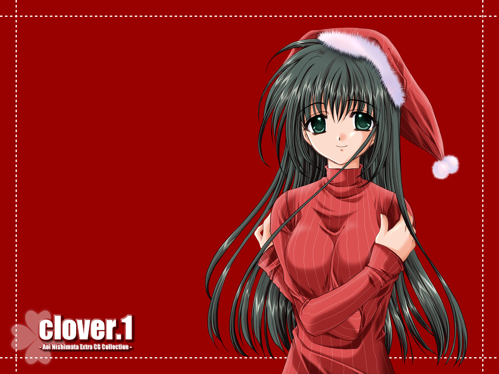 nishimata aoi, clover (game cg), highres, 1girl, artist name, black hair, christmas, clover, copyright name, crossed arms, female focus, green eyes, hat, long hair, long sleeves, looking at viewer, pom pom (clothes), red background, ribbed sweater, santa hat, simple background, smile, solo, sweater, tareme, turtleneck, upper body