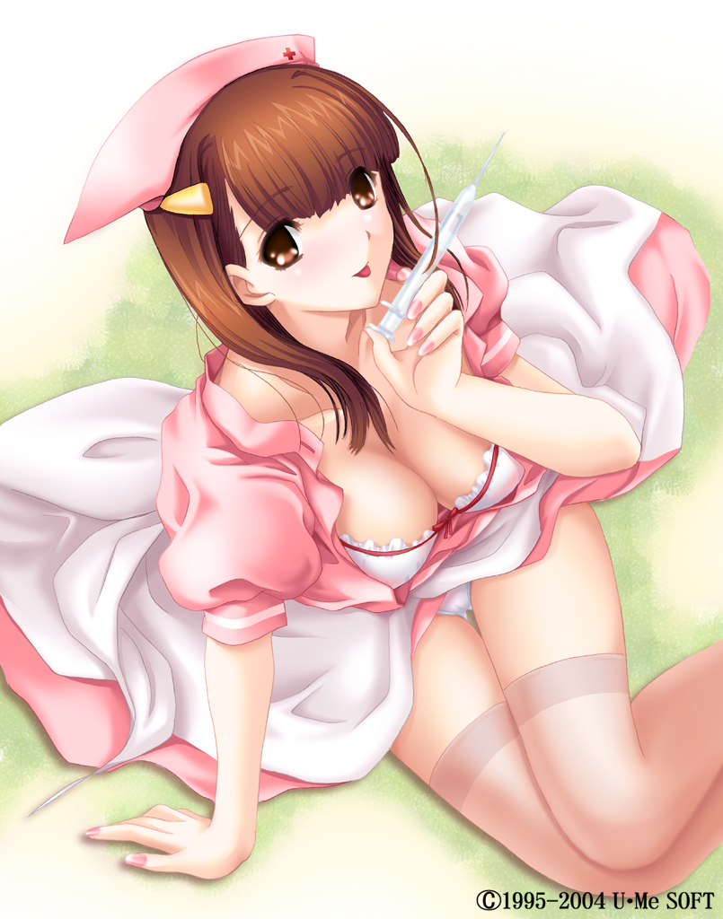 1girl, :p, breasts, brown eyes, brown hair, female focus, fingernails, hat, large breasts, looking up, nail (hardware), needle, nurse, nurse cap, solo, syringe, thighhighs, tongue, tongue out
