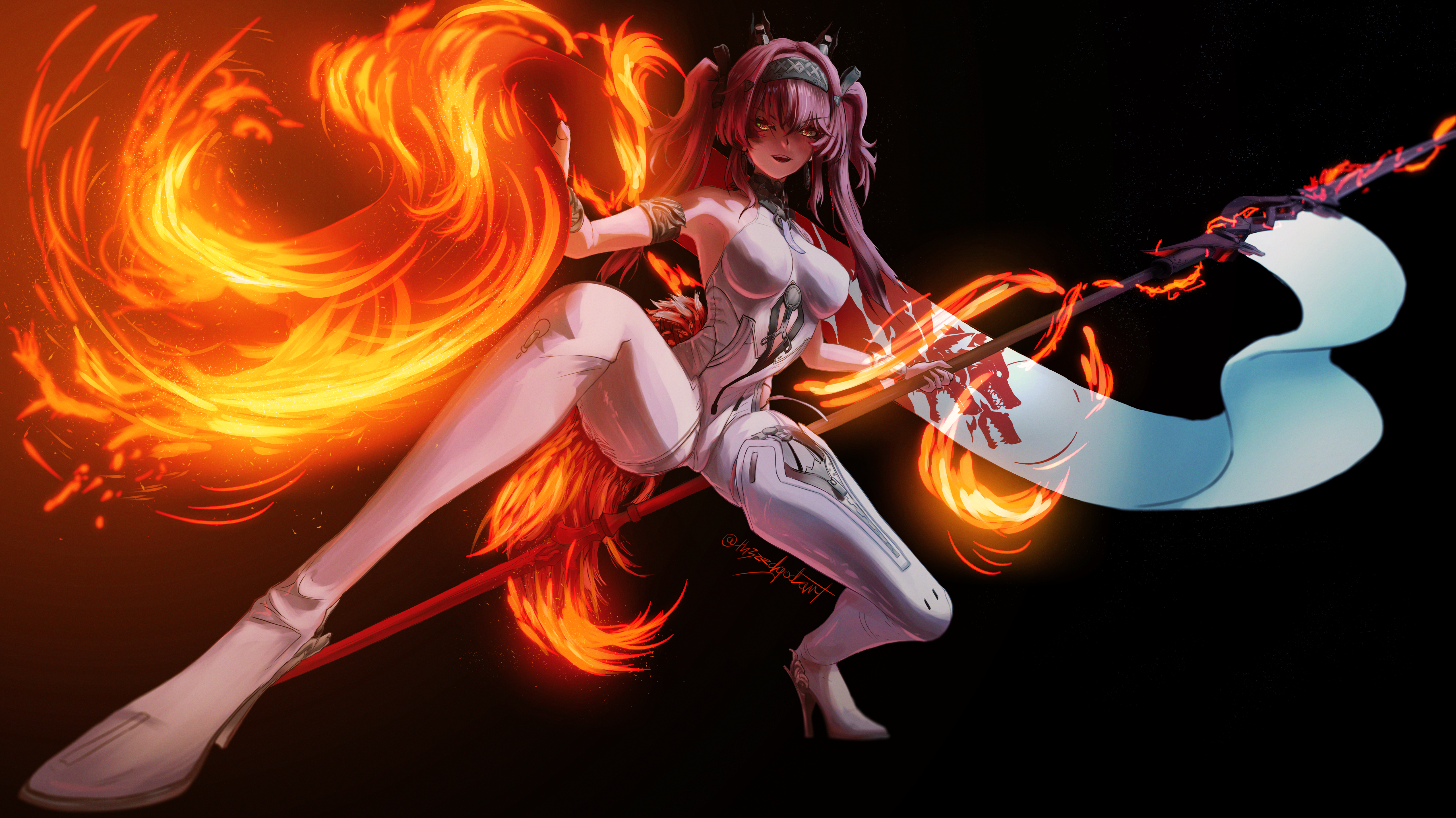 th3 zedgod art, lupa (wuthering waves), wuthering waves, absurdres, commentary, english commentary, highres, 1girl, armlet, bare shoulders, black background, black bow, bodysuit, boots, bow, breasts, collar, dynamic pose, earrings, full body, hair between eyes, hair bow, hair ornament, hairband, headgear, high heel boots, high heels, holding, holding polearm, holding weapon, jewelry, looking at viewer, medium breasts, metal collar, metal hairband, multiple hair bows, open mouth, pink hair, polearm, red pupils, simple background, smile, solo, tail, thigh boots, twintails, twitter username, weapon, white bodysuit, white boots, wolf tail, wrist guards, yellow eyes