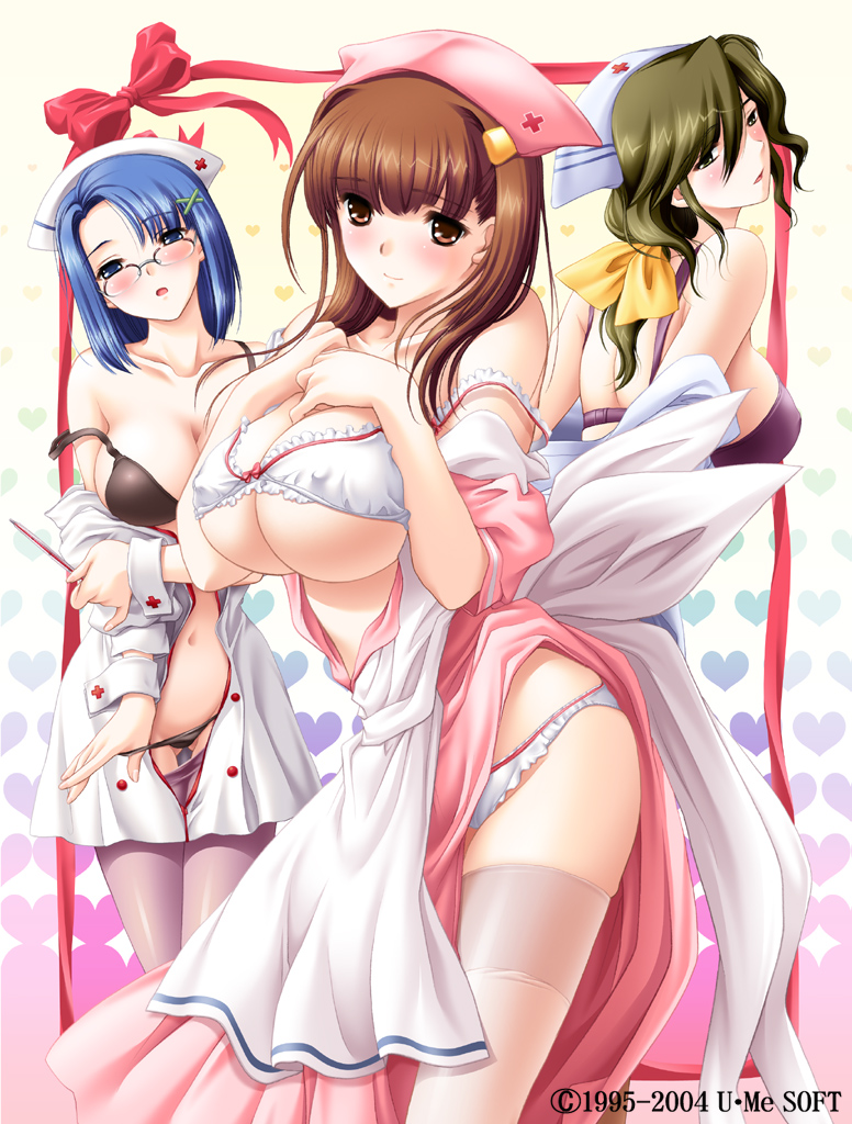 kinmedai pink, gamou keiko, mai ryouka, shima mayuri, hakui no gohoushi, 3girls, black bra, black panties, blue eyes, blue hair, blush, bra, breasts, brown eyes, brown hair, glasses, green eyes, green hair, heart, large breasts, lingerie, long hair, multiple girls, navel, nurse, open mouth, panties, panty pull, pantyhose, purple bra, short hair, smile, thermometer, thighhighs, underwear, white bra, white panties