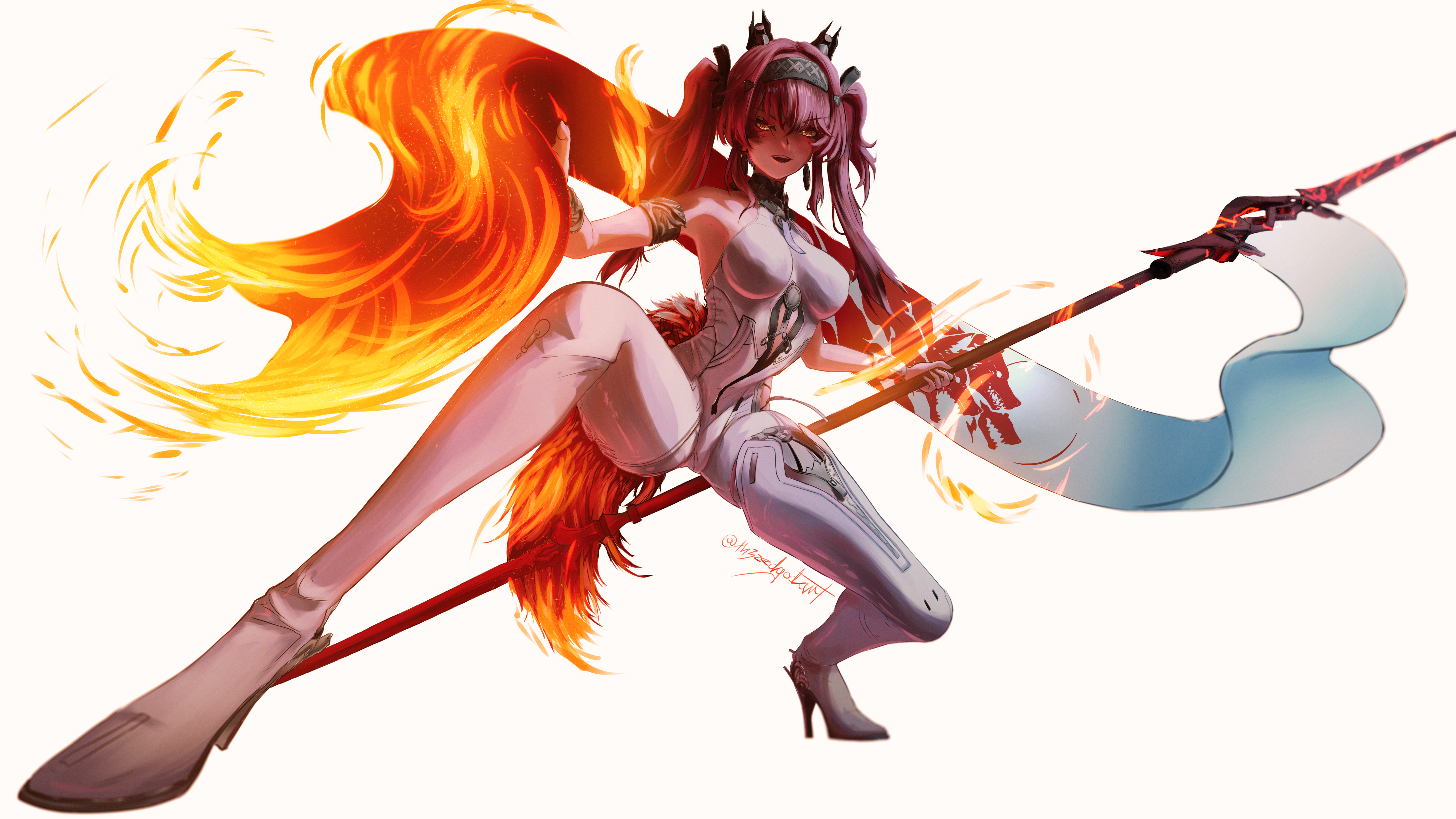 th3 zedgod art, lupa (wuthering waves), wuthering waves, absurdres, commentary, english commentary, highres, 1girl, armlet, bare shoulders, black bow, bodysuit, boots, bow, breasts, collar, dynamic pose, earrings, full body, hair between eyes, hair bow, hair ornament, hairband, headgear, high heel boots, high heels, holding, holding polearm, holding weapon, jewelry, looking at viewer, medium breasts, metal collar, metal hairband, multiple hair bows, open mouth, pink hair, polearm, red pupils, simple background, smile, solo, tail, thigh boots, twintails, twitter username, weapon, white background, white bodysuit, white boots, wolf tail, wrist guards, yellow eyes