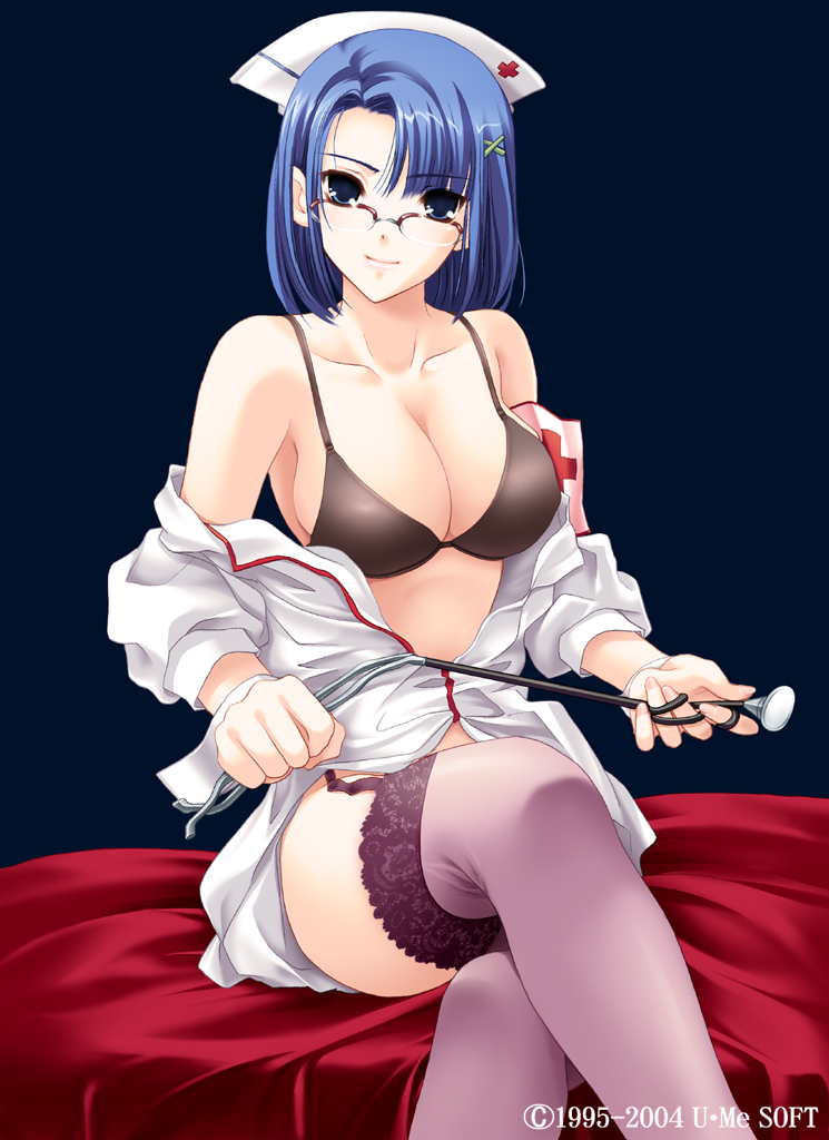 kinmedai pink, mai ryouka, hakui no gohoushi, lace-trimmed legwear, 1girl, bed, belt, blue eyes, blue hair, bra, breasts, cleavage, crossed legs, dress, female focus, garter belt, glasses, hat, lace, lace trim, large breasts, lingerie, matching hair/eyes, nurse, nurse cap, off shoulder, open clothes, purple thighhighs, short hair, sitting, smile, solo, stethoscope, thighhighs, underwear, undressing