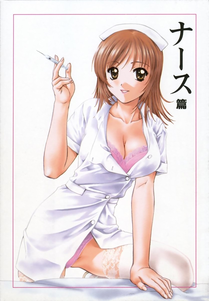 nagano akane, shimotsuki arisa, petit link, lace-trimmed legwear, highres, 1girl, arm support, bra, breasts, brown eyes, brown hair, cleavage, female focus, garter belt, hat, lace, lace-trimmed bra, lace trim, large breasts, lingerie, long hair, nurse, nurse cap, panties, purple bra, purple panties, solo, thighhighs, underwear, white thighhighs