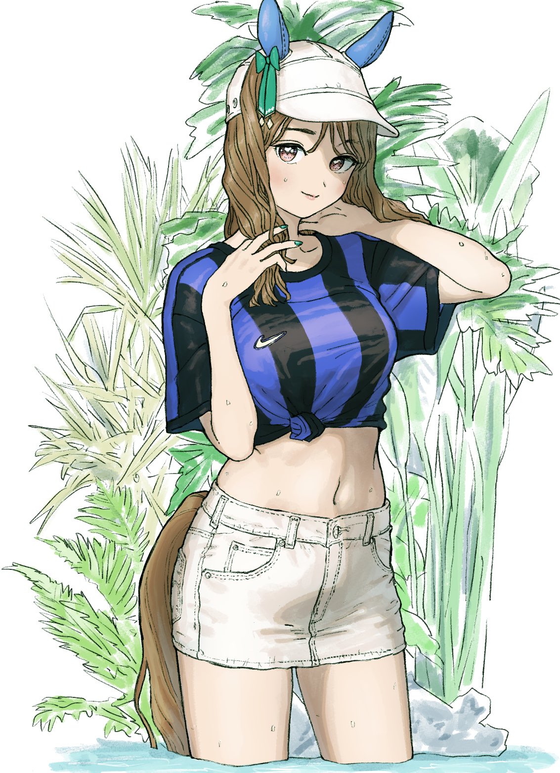 curry soba, king halo (umamusume), umamusume, commission, highres, skeb commission, 1girl, animal ears, blue shirt, breasts, brown hair, green nails, hat, horse ears, horse girl, horse tail, looking at viewer, midriff, shirt, skirt, smile, solo, tail, water, white hat, white skirt