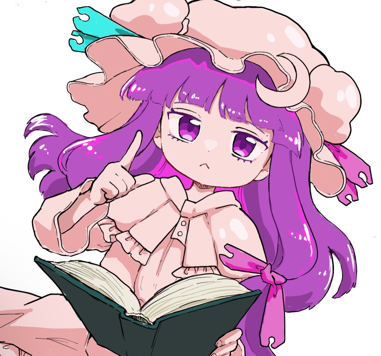 umebitan, patchouli knowledge, touhou, 1girl, book, capelet, dress, hat, holding, holding book, long hair, looking at viewer, mob cap, open book, pink capelet, pink dress, pink hat, purple eyes, purple hair, simple background, solo, white background