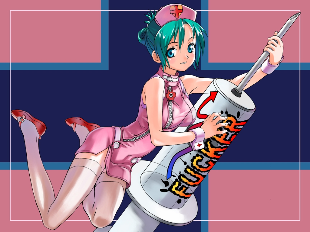 original, tagme, 1girl, female focus, nurse, oversized object, solo, thighhighs, white thighhighs