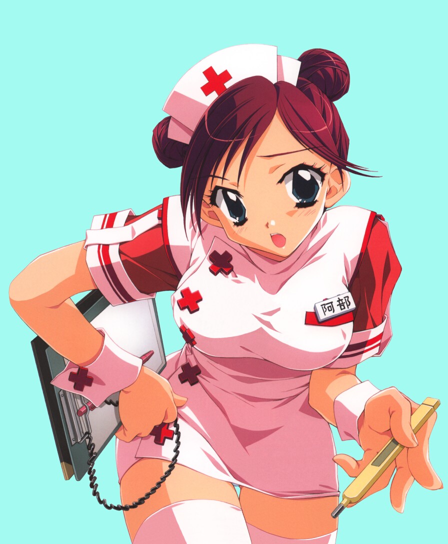 1girl, clipboard, digital thermometer, double bun, female focus, hair bun, hand on own hip, hat, name tag, nurse, nurse cap, open mouth, panties, pink thighhighs, red hair, short hair, simple background, solo, thermometer, thighhighs, underwear, zettai ryouiki