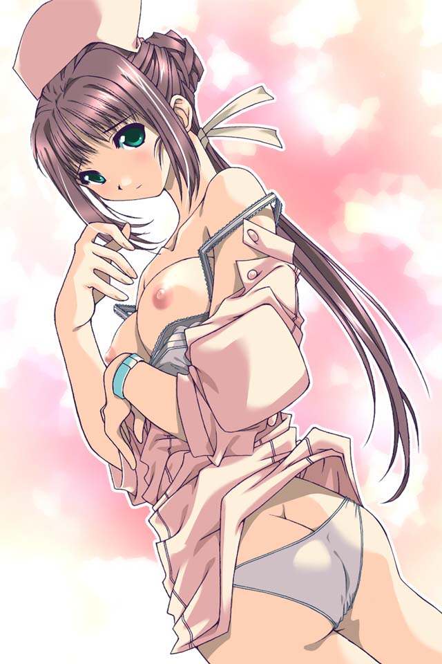 morita kazuaki, nanase ren, yakin byoutou, duplicate, game cg, 00s, 1girl, ass, bra, bra pull, breasts, clothes lift, clothes pull, dress, dress lift, female focus, lace, lace-trimmed bra, lace trim, large breasts, lingerie, nipples, nurse, panties, solo, strap slip, underwear, white bra, white panties