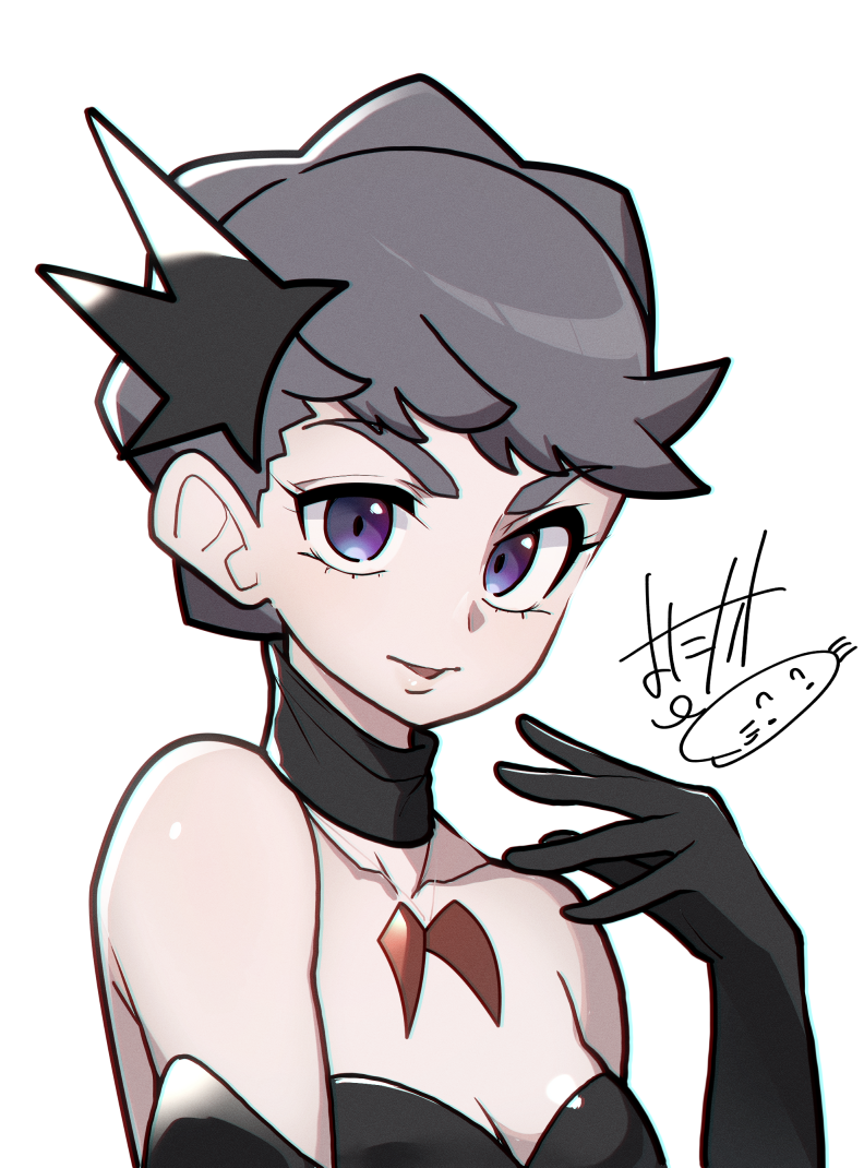 mituyota 76, diantha (pokemon), gardevoir, mega gardevoir, nintendo, pokemon, pokemon xy, 1girl, alternate color, braid, braided bun, breasts, cleavage, collarbone, detached collar, elbow gloves, gloves, grey hair, hair bun, hair ornament, jewelry, mega gardevoir (cosplay), mega pokemon, necklace, parted lips, purple eyes, shiny pokemon, short hair, small breasts, solo, upper body