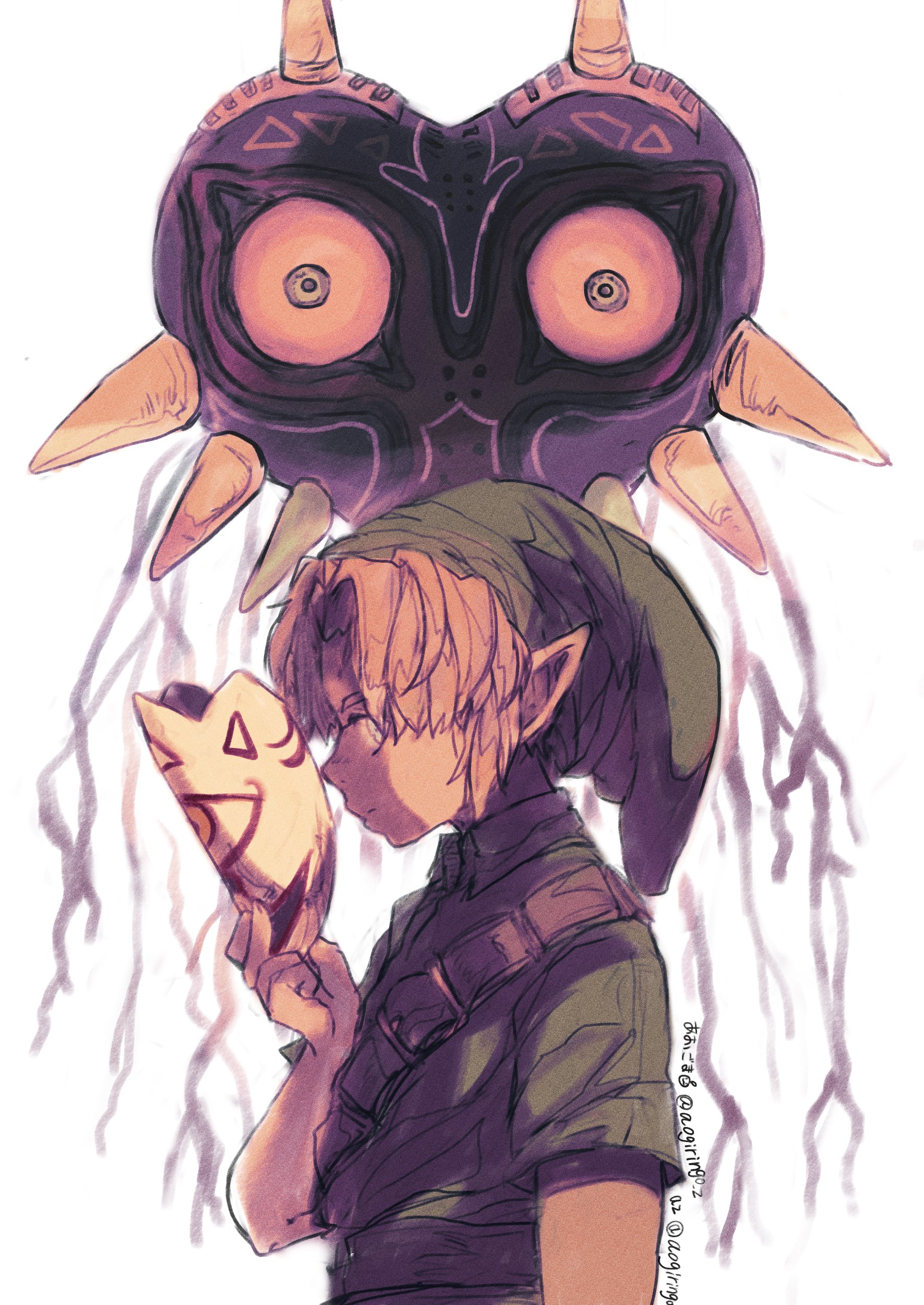 aogami, link, majora (entity), nintendo, the legend of zelda, the legend of zelda: majora's mask, 1boy, blonde hair, from side, hat, mask, mask of truth, pointy ears, solo, tunic, unworn mask, upper body, white background