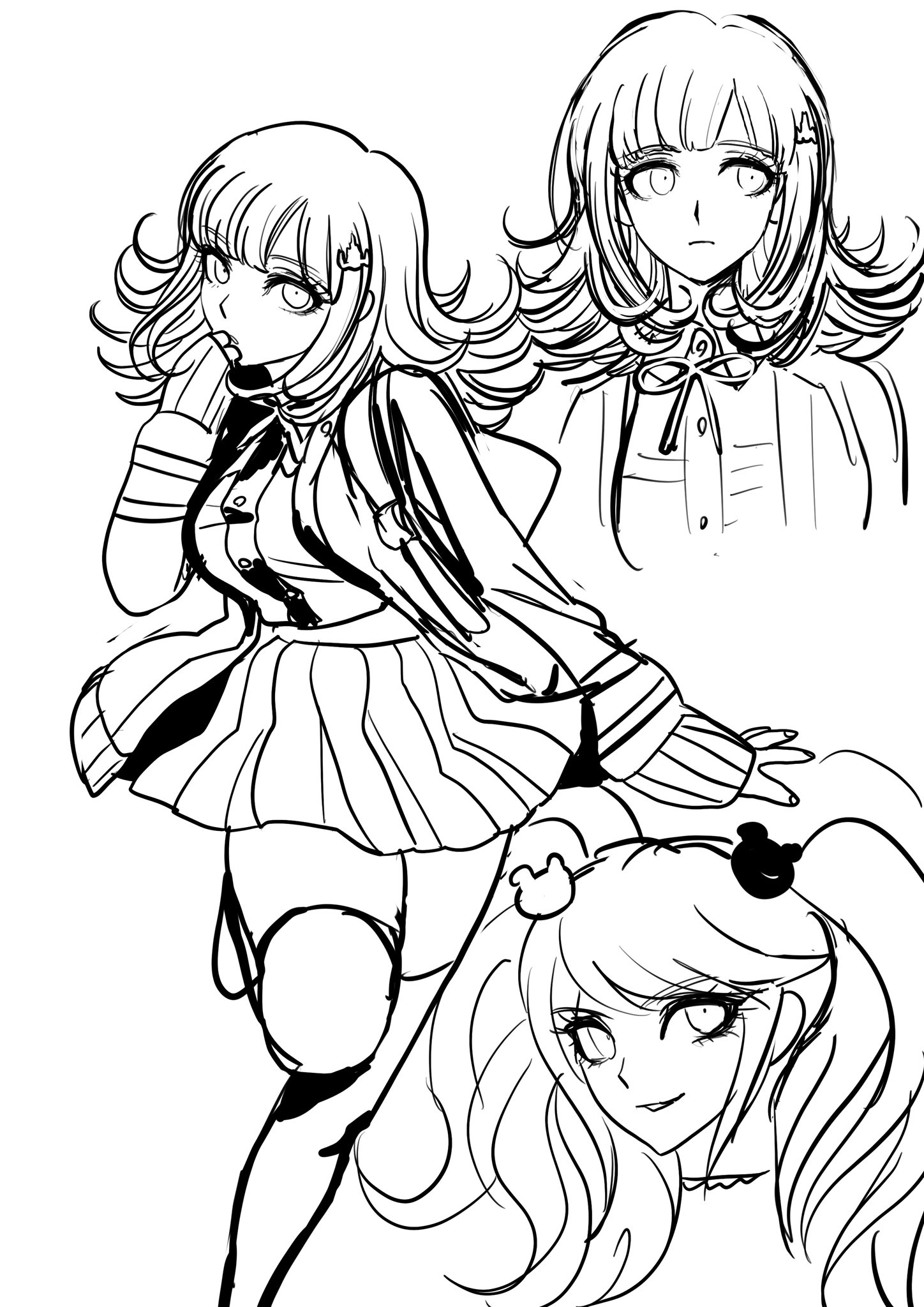 uranagi (uranaginasi), enoshima junko, nanami chiaki, danganronpa: trigger happy havoc, danganronpa (series), danganronpa 2: goodbye despair, highres, 2girls, bear hair ornament, breasts, collared shirt, flipped hair, hair ornament, hood, jacket, large breasts, long hair, long sleeves, looking at viewer, medium hair, multiple girls, neck ribbon, open clothes, open jacket, pleated skirt, ribbon, shirt, skirt, smile, thighhighs, twintails