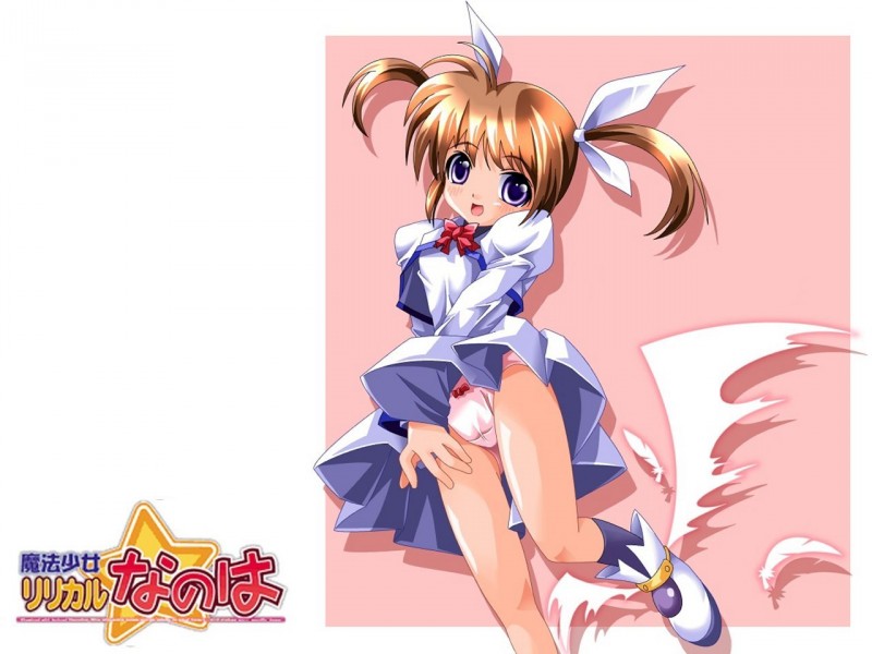 ktman, takamachi nanoha, lyrical nanoha, mahou shoujo lyrical nanoha, uniform, 00s, 1girl, :d, black socks, blue eyes, blush, boots, bow, bow panties, bowtie, brown hair, cameltoe, crop top, dress, feathers, female focus, flat chest, hair ribbon, jacket, kneehighs, legs, magical girl, open mouth, panties, pantyshot, pink panties, purple eyes, ribbon, shadow, short hair, short twintails, smile, socks, solo, standing, twintails, underwear, upskirt, white dress, wings