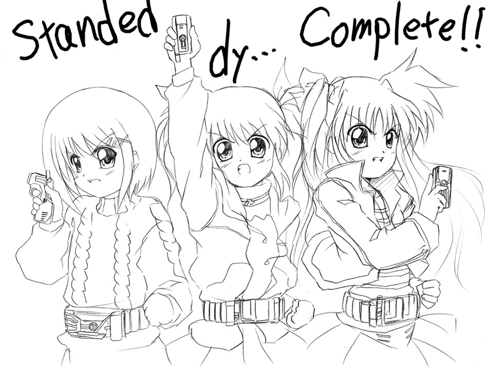 fate testarossa, kamen rider delta, kamen rider faiz, kamen rider kaixa, takamachi nanoha, yagami hayate, kamen rider, kamen rider 555, lyrical nanoha, mahou shoujo lyrical nanoha, mahou shoujo lyrical nanoha a's, 3girls, clenched hand, english text, engrish text, greyscale, hair ornament, henshin, jacket, monochrome, multiple girls, open clothes, open jacket, parody, ranguage, twintails, x hair ornament