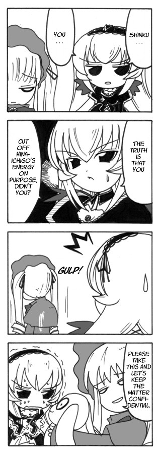 kunkun, shinku, suigintou, rozen maiden, hard-translated, third-party edit, translation request, 00s, 4koma, comic, english text, greyscale, monochrome, text focus
