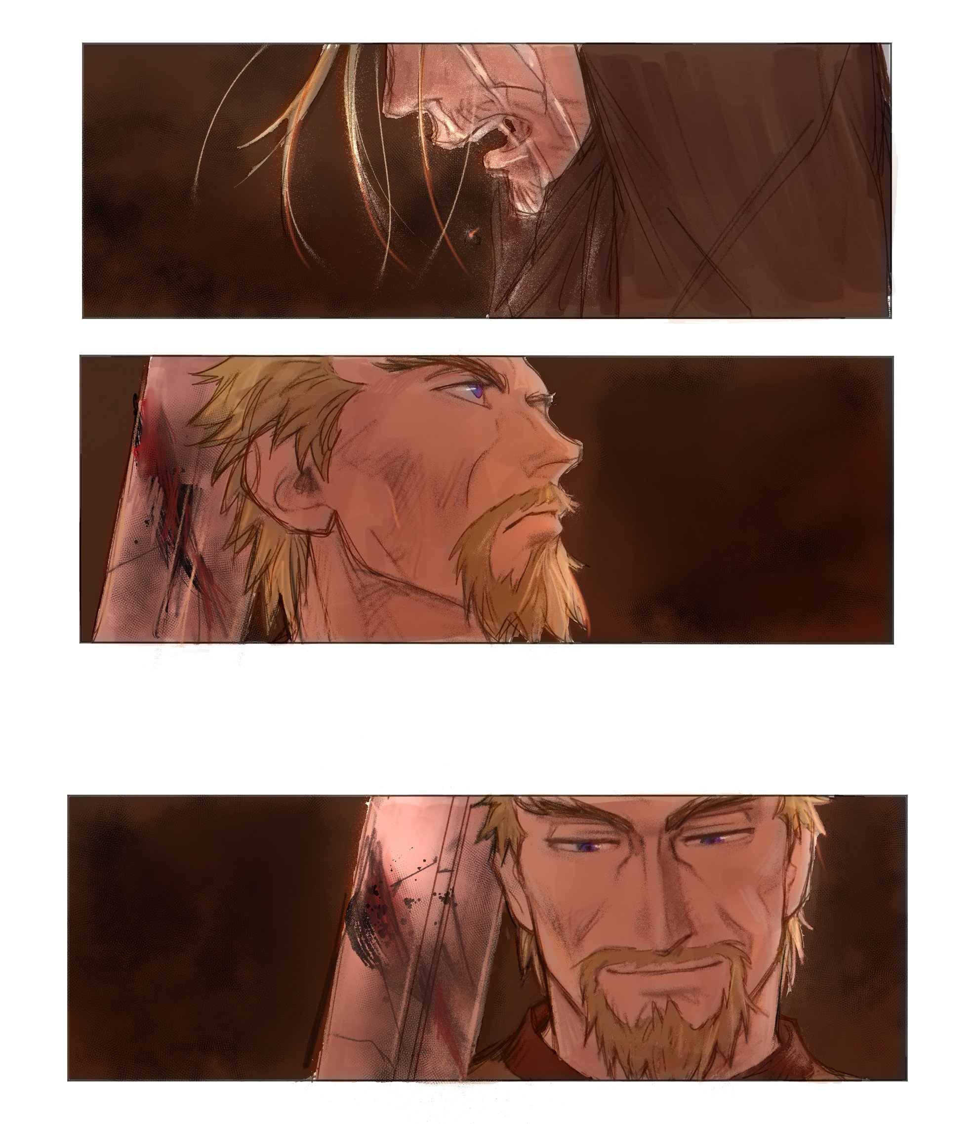 flrrrrr222222, askeladd, thorfinn, vinland saga, highres, 2boys, blonde hair, blood, bloody weapon, blue eyes, border, crying, facial hair, goatee, holding, holding sword, holding weapon, male focus, mature male, medium hair, multiple boys, open mouth, runny nose, saliva, short hair, smile, snot, streaming tears, sword, tears, weapon, white border