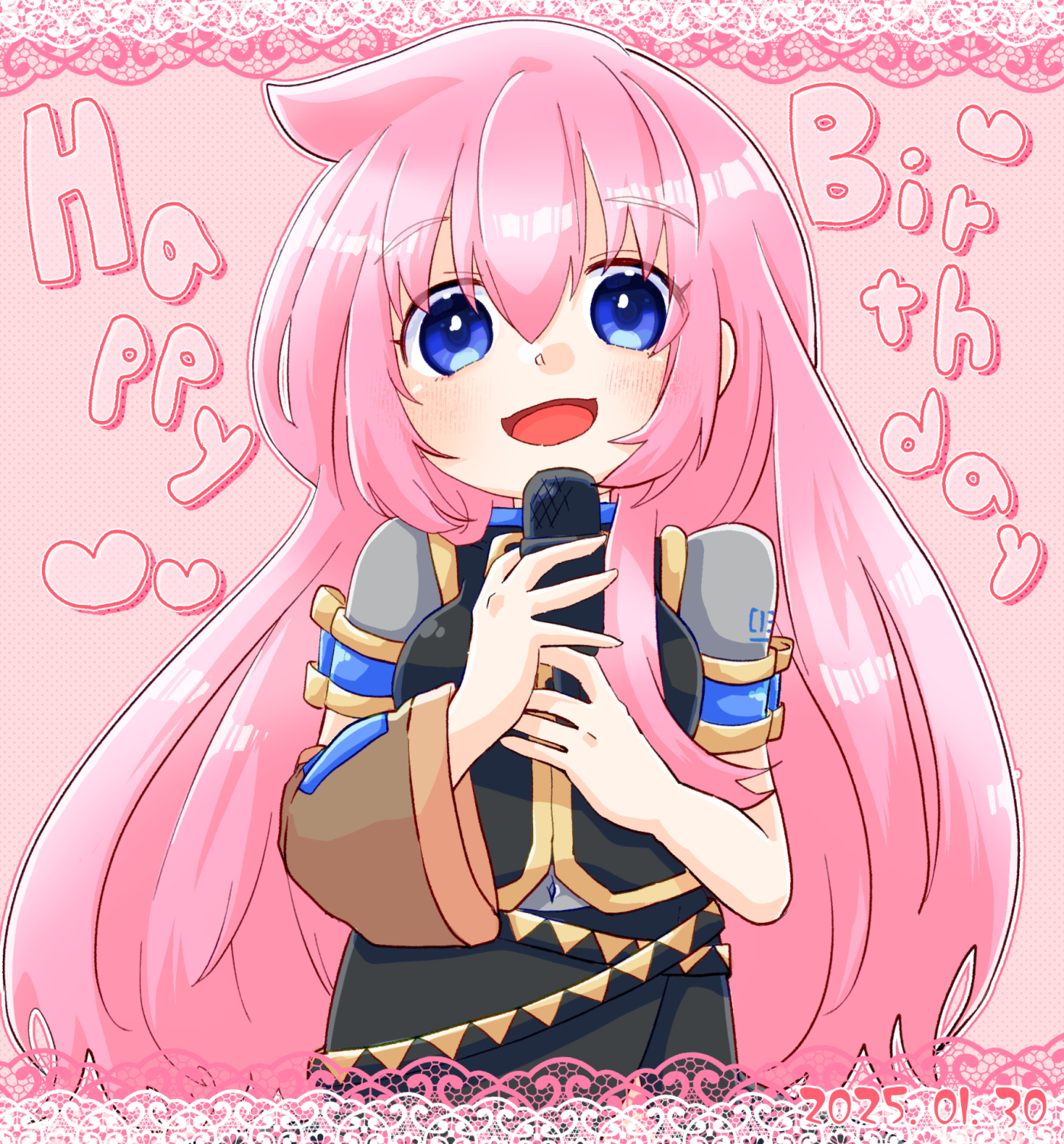 sakuma (ykrm), megurine luka, vocaloid, commentary request, highres, 1girl, belt, blue eyes, border, crossed belts, detached sleeves, happy birthday, holding, holding microphone, lace, lace border, long hair, long sleeves, looking at viewer, microphone, multiple belts, navel, open mouth, ornate border, pink background, pink hair, short sleeves, single detached sleeve, smile, solo, very long hair