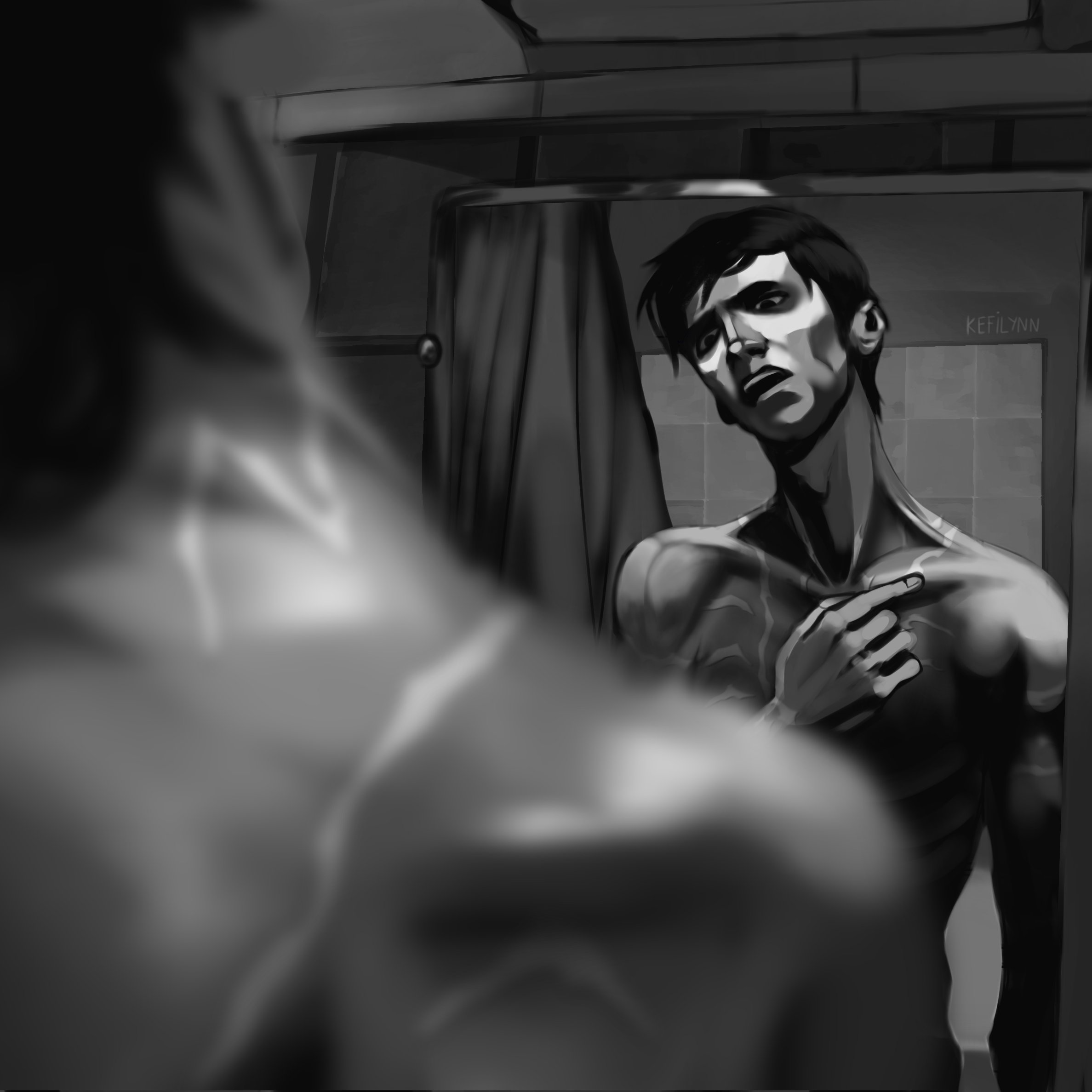 william afton, five nights at freddy's, commentary, english commentary, highres, 1boy, bathroom, black hair, blurry, blurry foreground, curtains, frown, greyscale, hand on own chest, head tilt, kefilynn, looking at reflection, male focus, monochrome, no shirt, painterly, reflection, reflection focus, short hair, skinny, solo, tile wall, tiles, veins