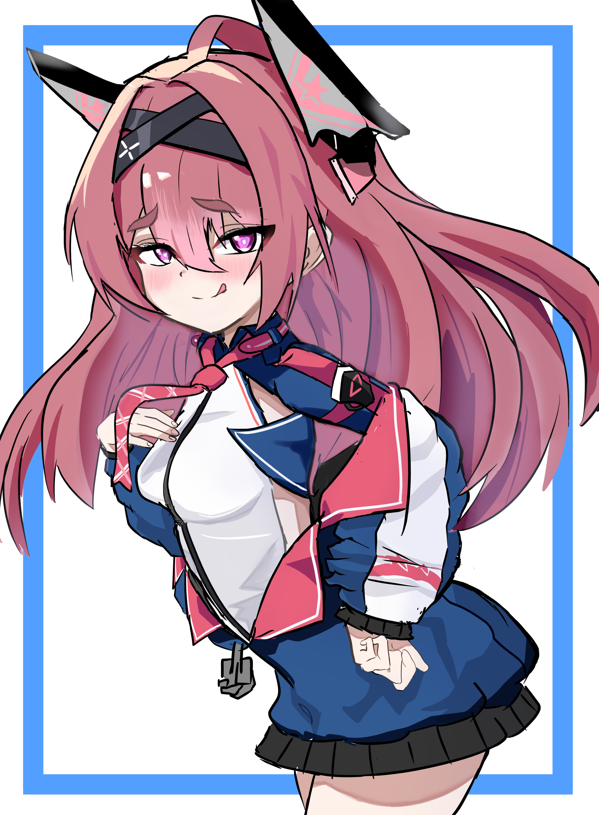 kawakazeman, stanly (azur lane), azur lane, absurdres, highres, 1girl, :q, black hairband, blue jacket, blush, breasts, closed mouth, hair between eyes, hairband, jacket, licking lips, looking at viewer, pink eyes, red hair, small breasts, solo, thick eyebrows, tongue, tongue out, upper body
