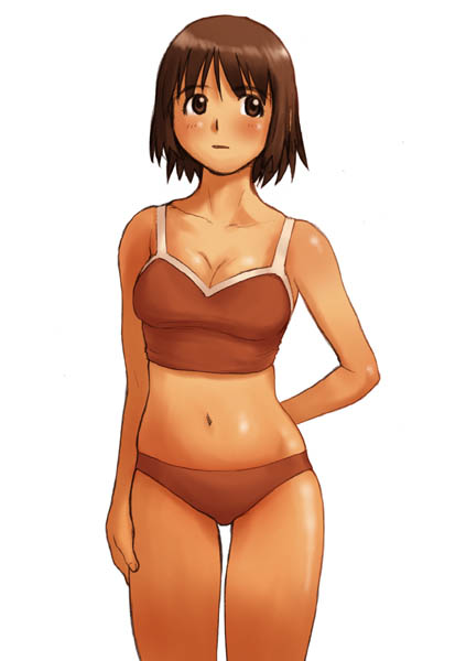 ayase fuuka, yotsubato!, 1girl, bikini, brown eyes, brown hair, female focus, short hair, solo, swimsuit, tankini, thick eyebrows