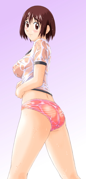 ayase fuuka, yotsubato!, 1girl, ass, blush, bottomless, breasts, brown eyes, brown hair, female focus, gradient background, lace, lace-trimmed panties, lace trim, large breasts, looking at viewer, looking back, no pants, panties, red panties, see-through clothes, shirt, short hair, sideboob, simple background, solo, standing, striped clothes, striped panties, thick eyebrows, underwear, wet, wet clothes, wet panties, wet shirt