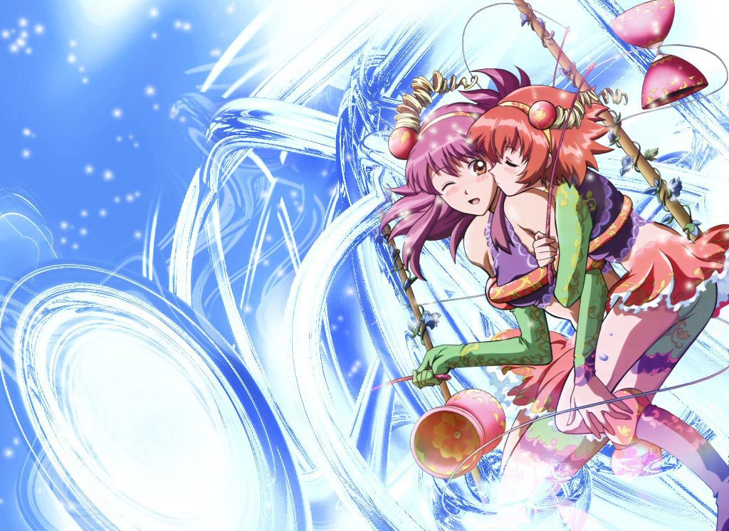 naegino sora, rosetta passel, kaleido star, 00s, 2girls, :d, ;d, ;o, bare shoulders, blush, bodypaint, brown eyes, diabolo, elbow gloves, gloves, green gloves, hair ornament, hairband, hairpin, kiss, looking at viewer, multiple girls, one eye closed, open mouth, purple hair, red hair, smile, two side up, yuri