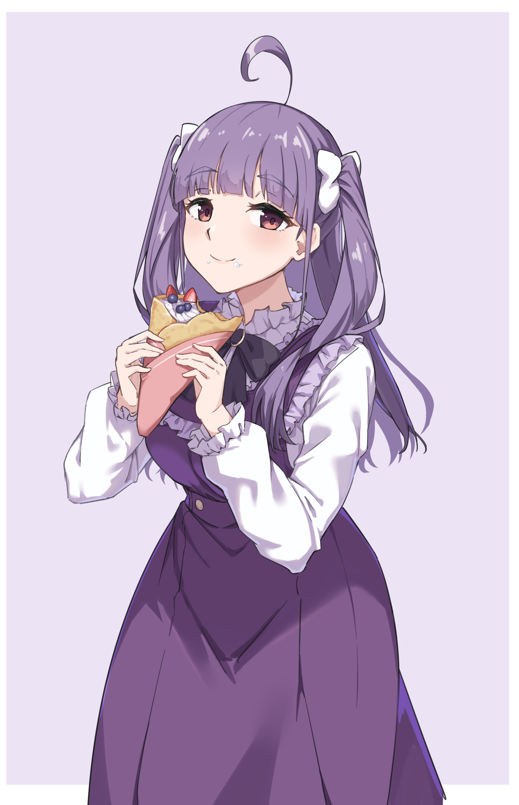 sundajin asagi, chofu noriko, love live!, absurdres, highres, 1girl, ahoge, blueberry, border, bow, cream, crepe, dress, eating, food, food on face, food wrapper, frilled dress, frilled sleeves, frills, fruit, half updo, holding, holding crepe, holding food, purple background, purple bow, purple dress, purple eyes, purple hair, shirt, smile, solo, strawberry, tareme, white border, white bow, white shirt