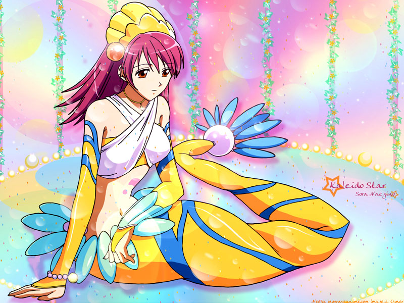 naegino sora, kaleido star, headwear request, 00s, 1girl, asymmetric gloves, asymmetrical gloves, bare shoulders, bracelet, bridal gauntlets, copyright name, detached sleeves, female focus, fins, full body, gem, glint, gloves, jewelry, mermaid, midriff, monster girl, navel, necklace, orange eyes, pearl (gemstone), pearl bracelet, pendant, pink hair, sitting, smile, solo, stomach, uneven gloves